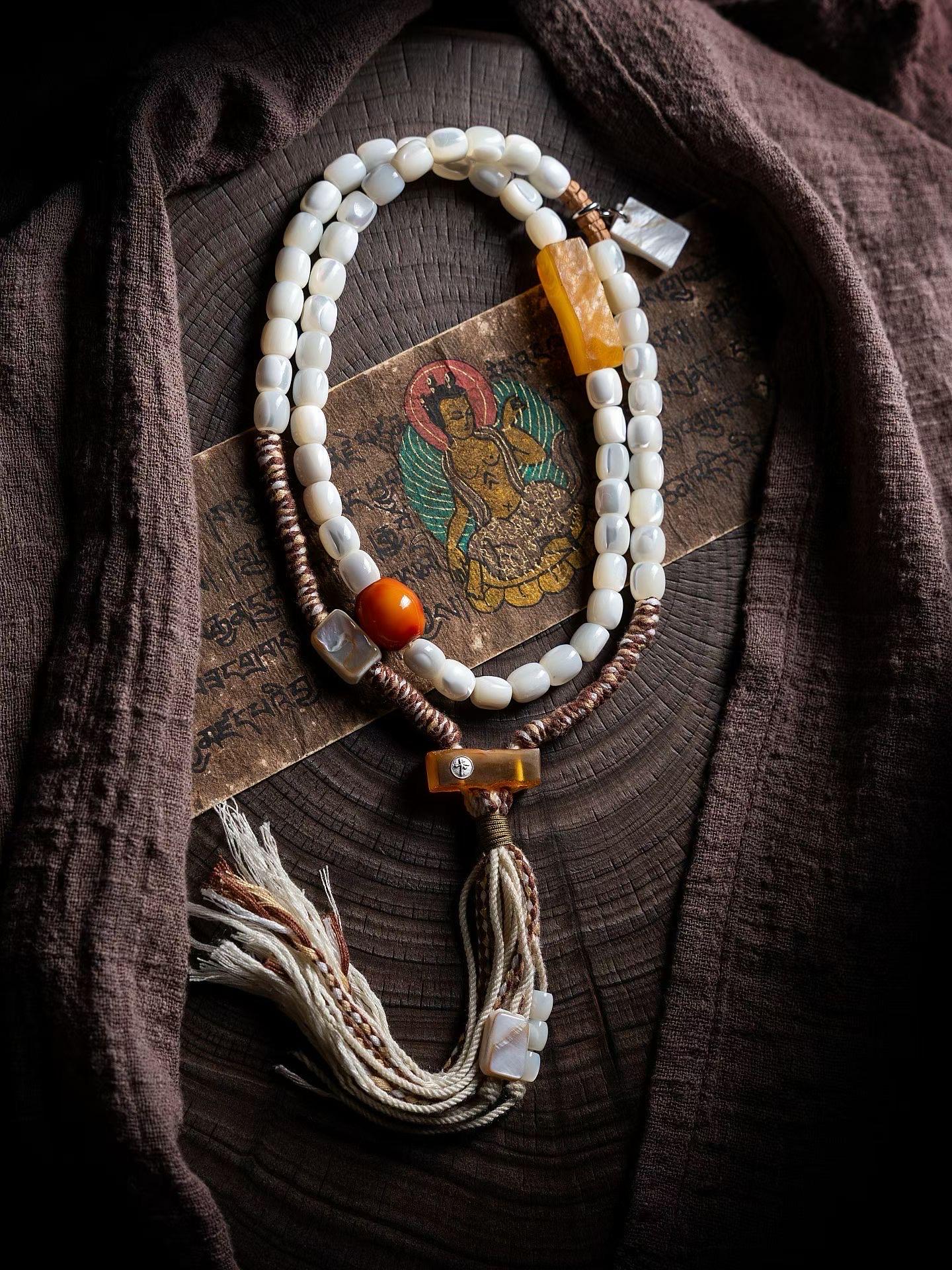 EverestArtStudios Vintage Tibetan White Mother of Pearl Raw Amber Wrap Bracelet, Agate Tassel Bracelet, 3 Wrap Unisex Boho Jewelry