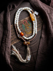 EverestArtStudios Vintage Tibetan White Mother of Pearl Raw Amber Wrap Bracelet, Agate Tassel Bracelet, 3 Wrap Unisex Boho Jewelry