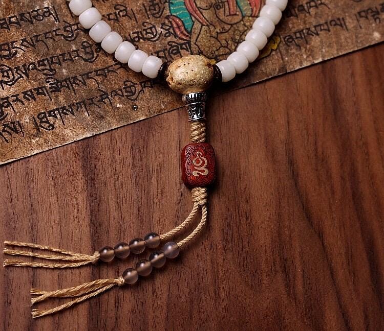Original Tibetan White Bodhi Seed 108 Mala Beads Necklace, Natural Bodhi Root Rosary Bracelet with Dzi Bead, Zen Meditation Gift