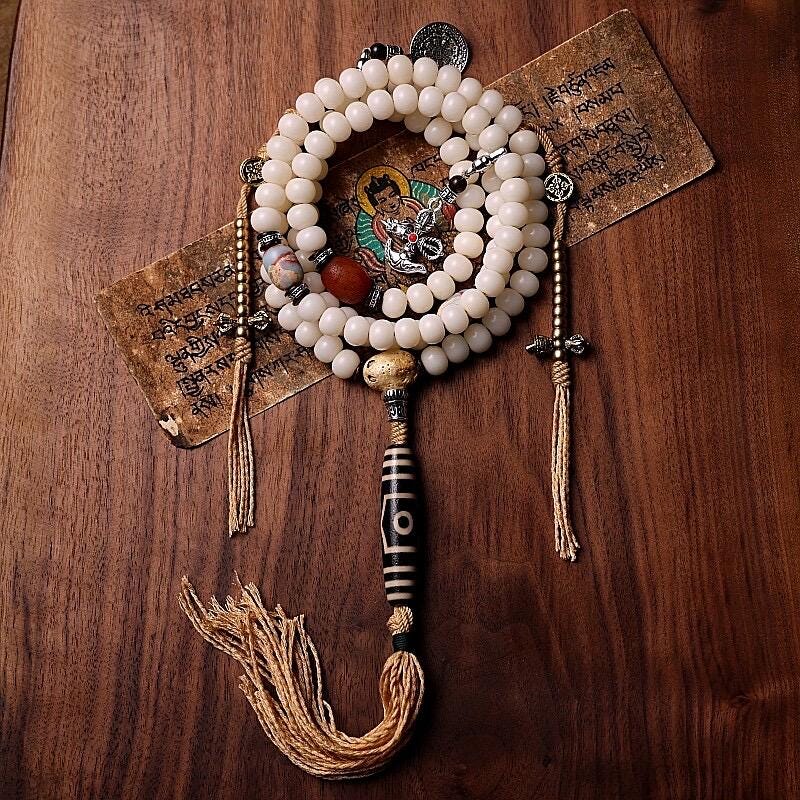 Original Tibetan White Bodhi Seed 108 Mala Beads Necklace, Natural Bodhi Root Rosary Bracelet with Dzi Bead, Zen Meditation Gift