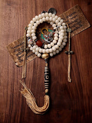 Original Tibetan White Bodhi Seed 108 Mala Beads Necklace, Natural Bodhi Root Rosary Bracelet with Dzi Bead, Zen Meditation Gift