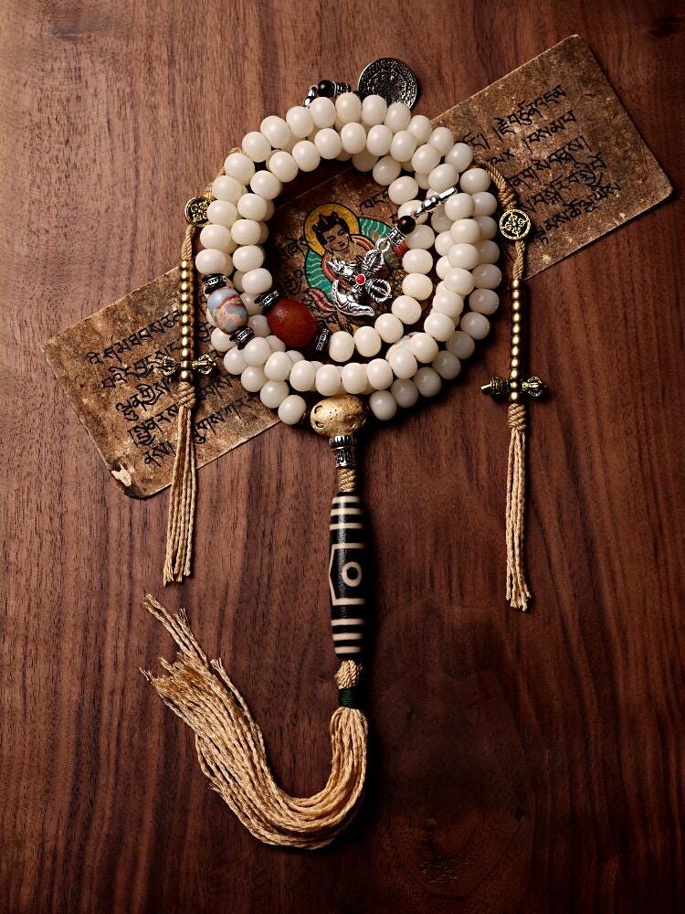 Original Tibetan White Bodhi Seed 108 Mala Beads Necklace, Natural Bodhi Root Rosary Bracelet with Dzi Bead, Zen Meditation Gift
