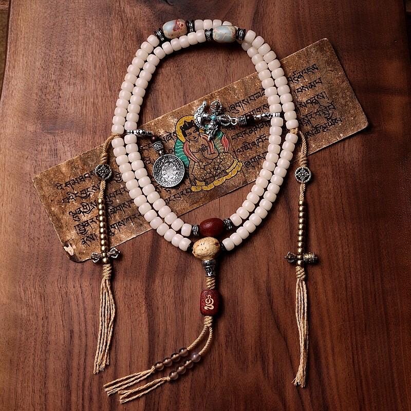 Original Tibetan White Bodhi Seed 108 Mala Beads Necklace, Natural Bodhi Root Rosary Bracelet with Dzi Bead, Zen Meditation Gift
