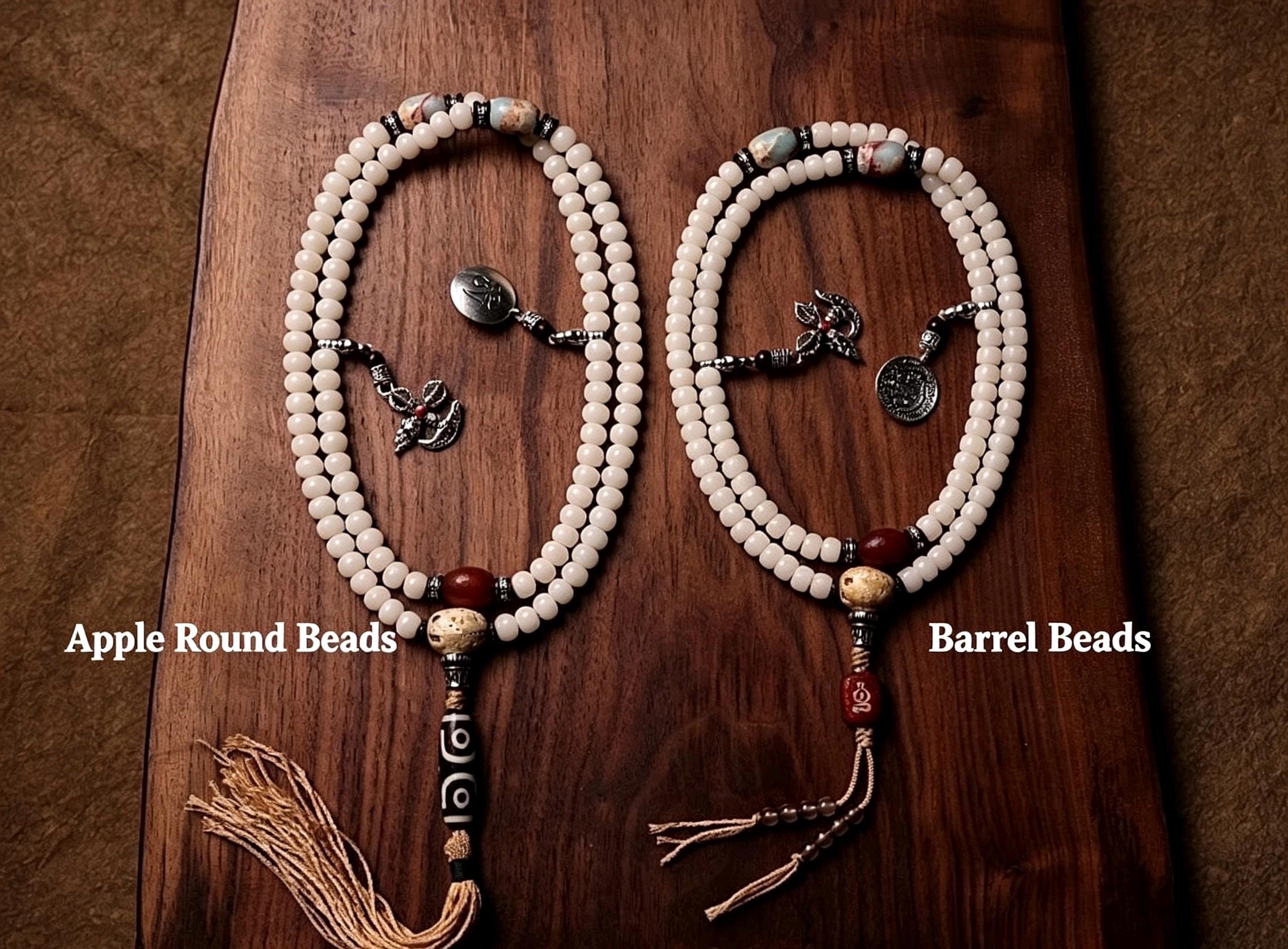 Original Tibetan White Bodhi Seed 108 Mala Beads Necklace, Natural Bodhi Root Rosary Bracelet with Dzi Bead, Zen Meditation Gift