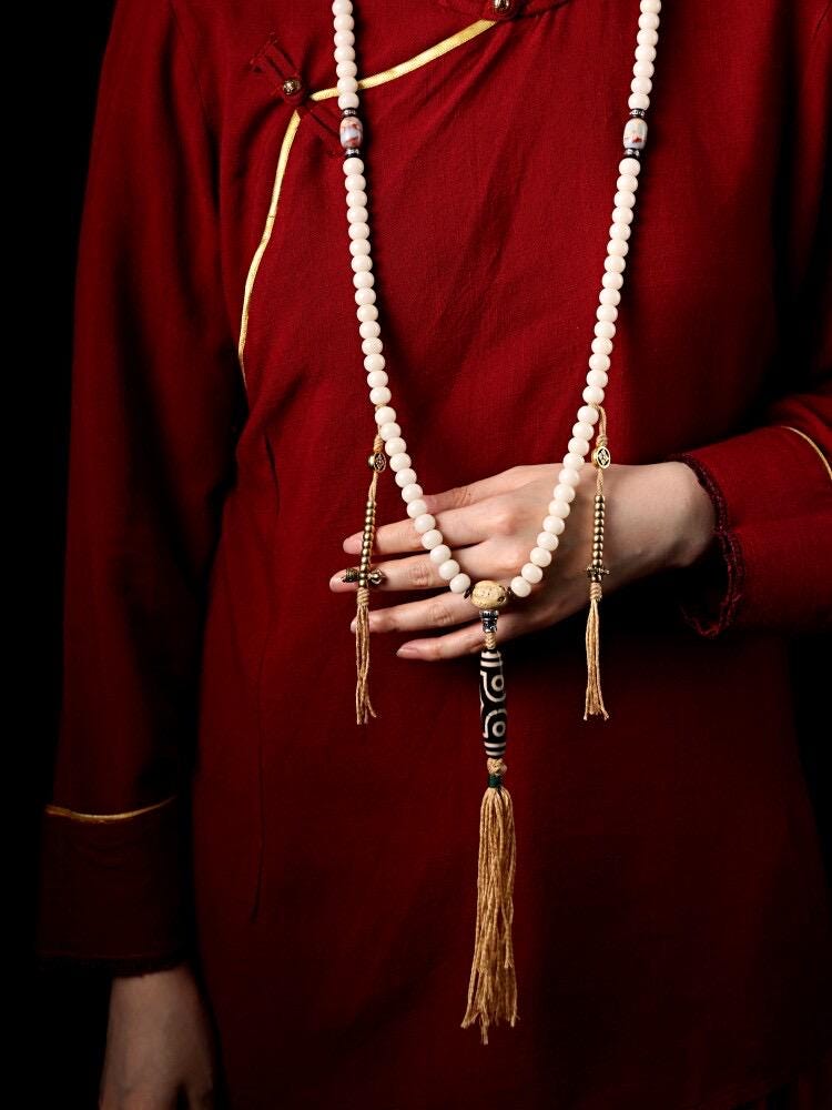Original Tibetan White Bodhi Seed 108 Mala Beads Necklace, Natural Bodhi Root Rosary Bracelet with Dzi Bead, Zen Meditation Gift