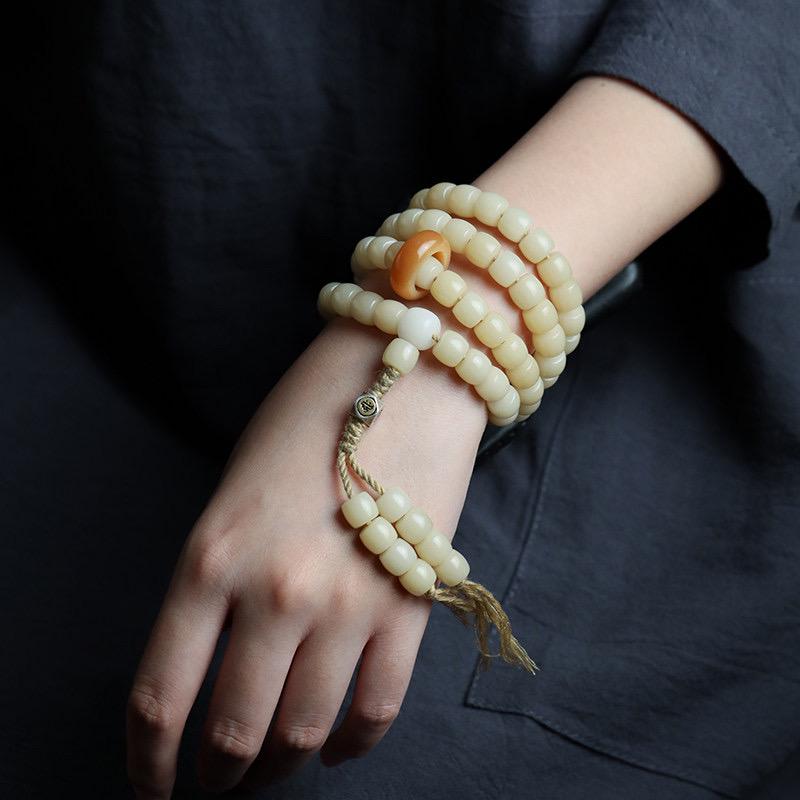 Natural White Bodhi Seed 108 Mala Beads Necklace, Aged Weathered Bodhi Root Rosary Bracelet, Zen Prayer Beads, Gift for Him Her