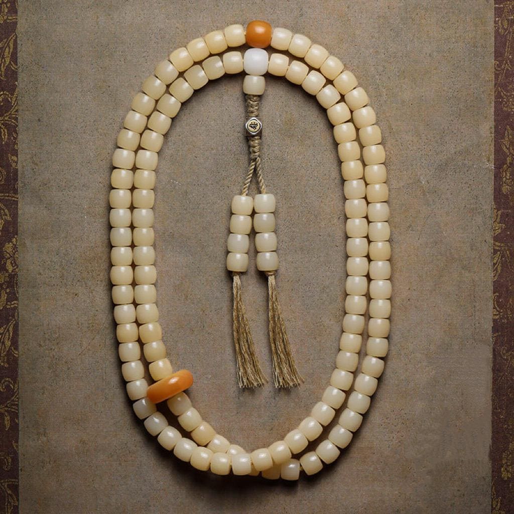 Natural White Bodhi Seed 108 Mala Beads Necklace, Aged Weathered Bodhi Root Rosary Bracelet, Zen Prayer Beads, Gift for Him Her