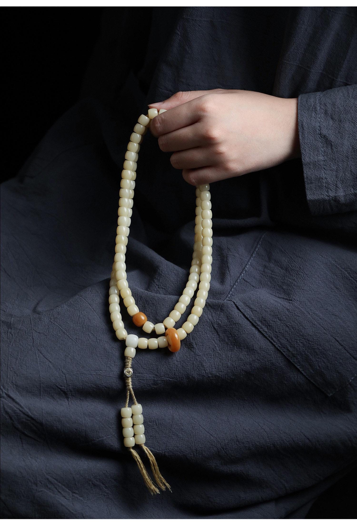 Natural White Bodhi Seed 108 Mala Beads Necklace, Aged Weathered Bodhi Root Rosary Bracelet, Zen Prayer Beads, Gift for Him Her