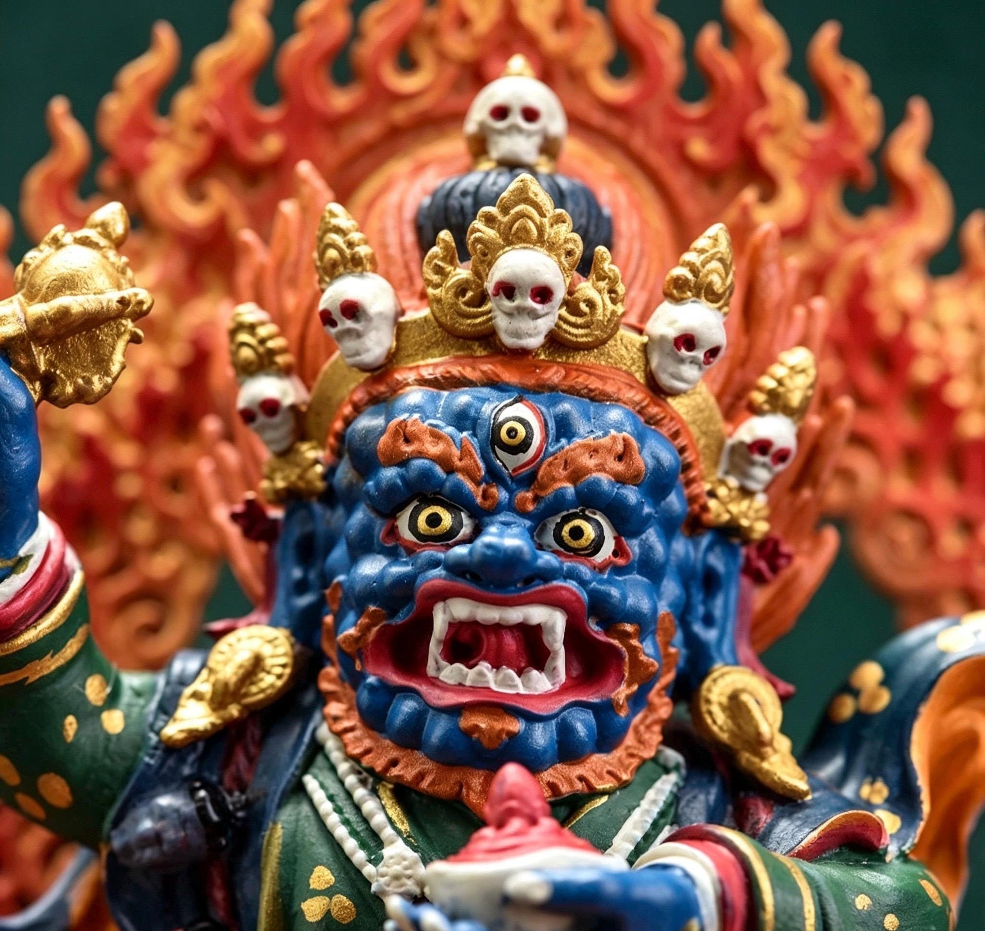 Painted Solid Copper Kagyu Mahakala Statue 11cm, Handcrafted Tibetan Buddhist Guardian Deity, Portable Vajrayana Altar Decor Gift