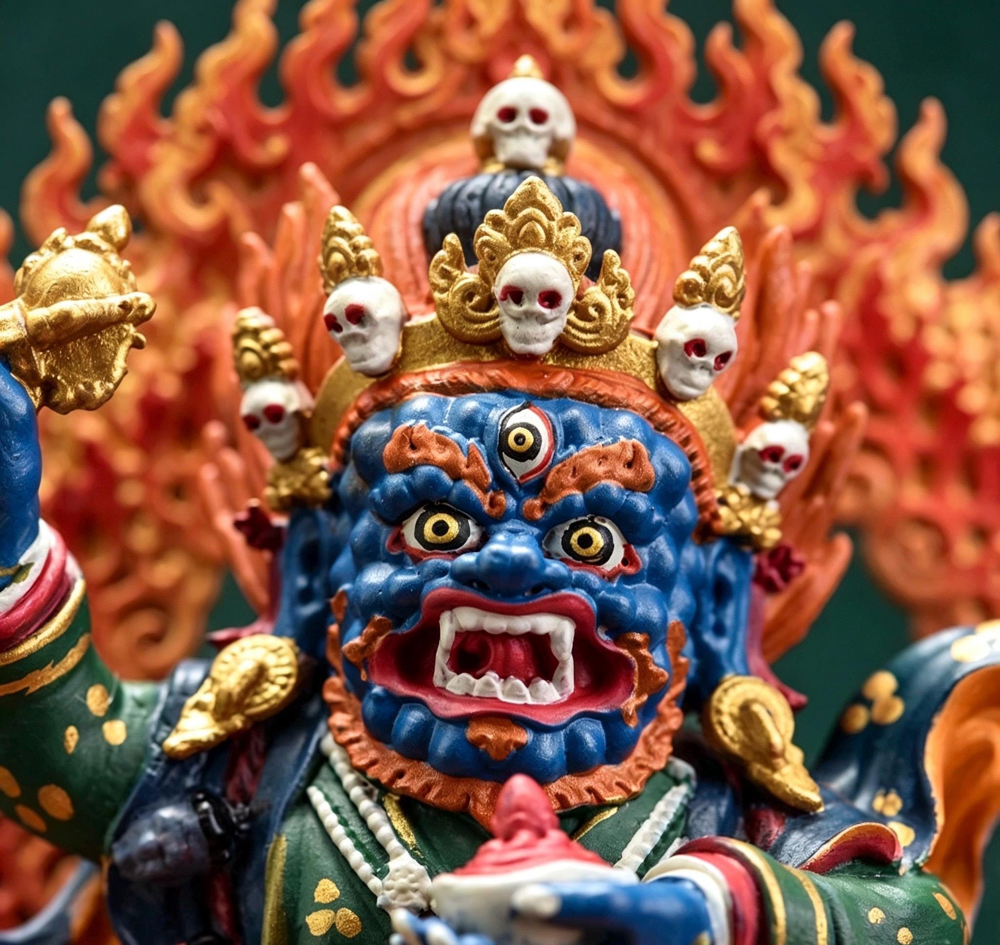 Painted Solid Copper Kagyu Mahakala Statue 11cm, Handcrafted Tibetan Buddhist Guardian Deity, Portable Vajrayana Altar Decor Gift