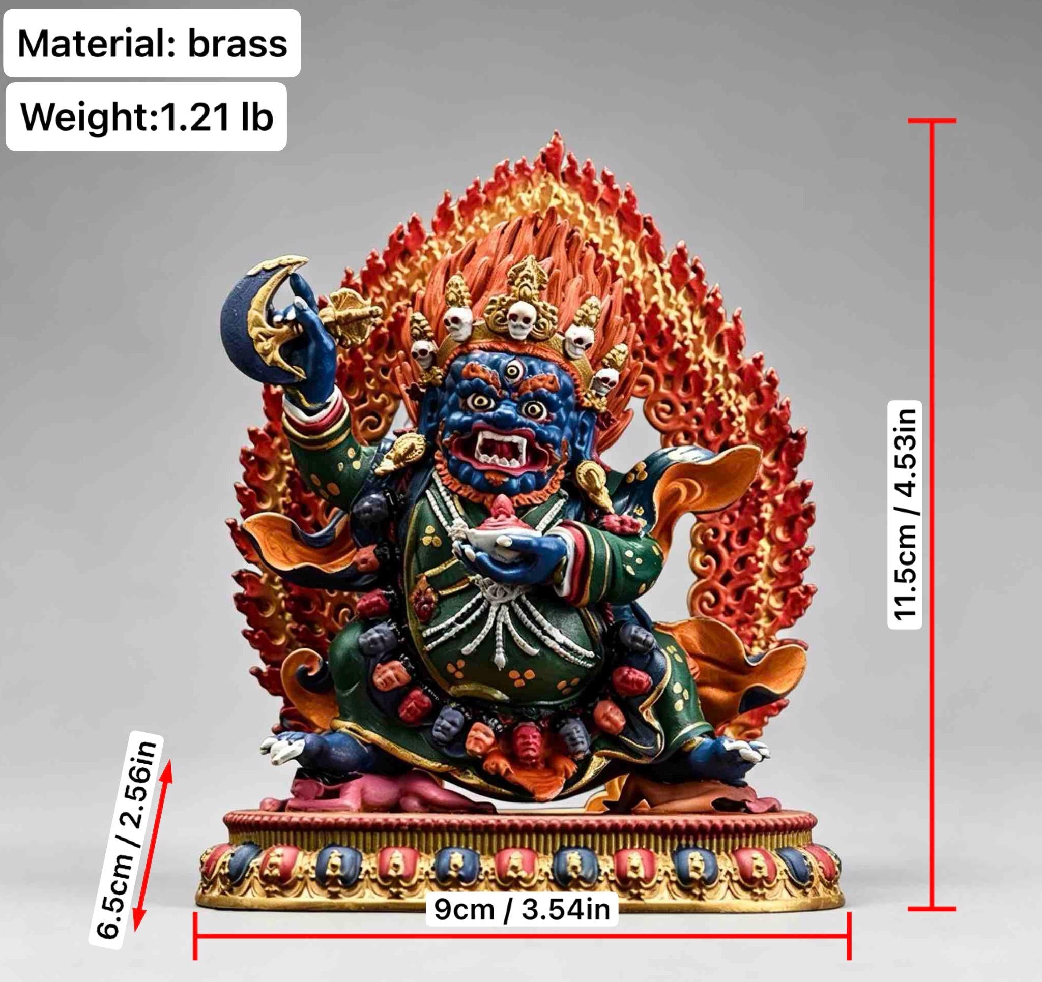 Painted Solid Copper Kagyu Mahakala Statue 11cm, Handcrafted Tibetan Buddhist Guardian Deity, Portable Vajrayana Altar Decor Gift