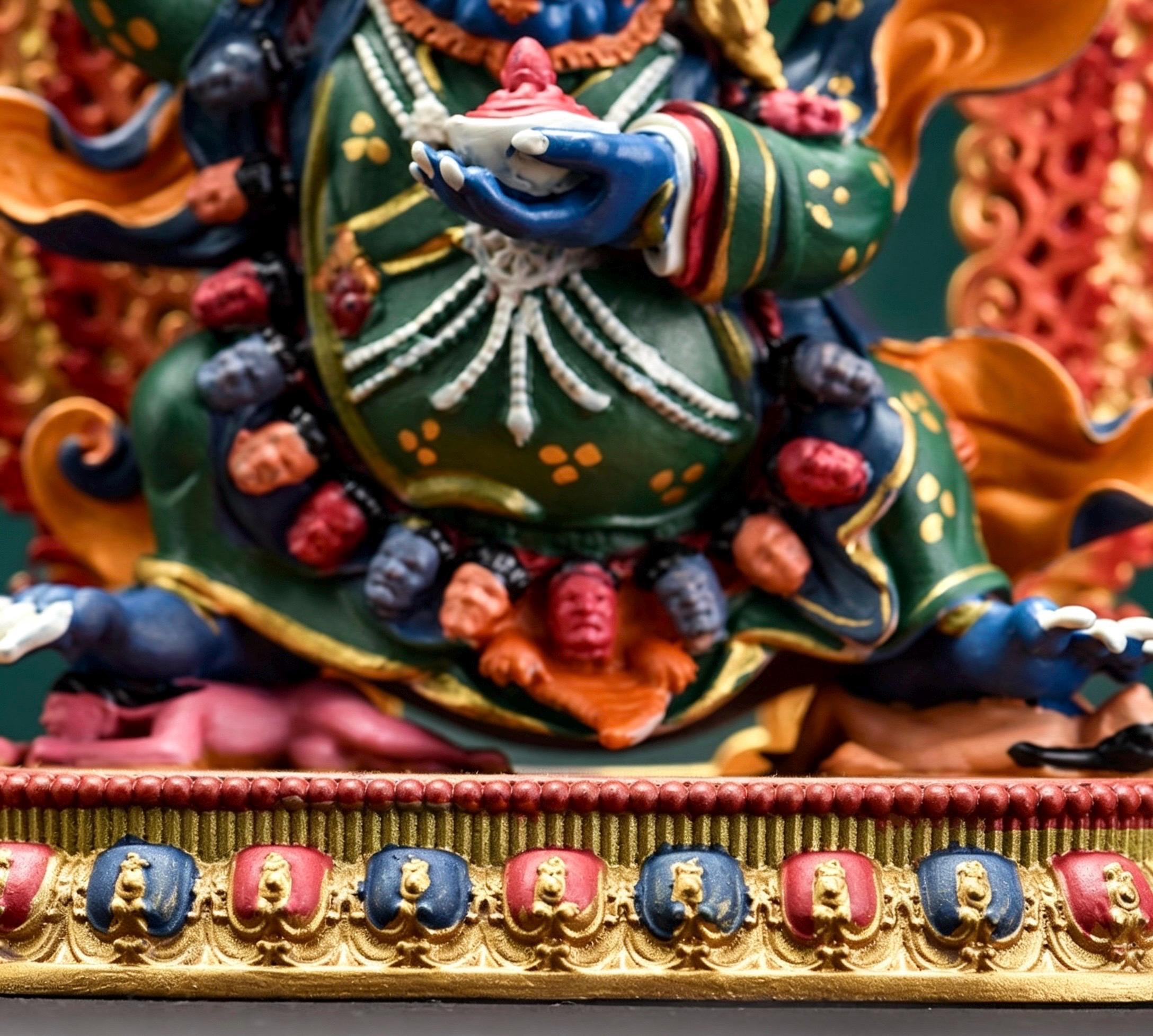 Painted Solid Copper Kagyu Mahakala Statue 11cm, Handcrafted Tibetan Buddhist Guardian Deity, Portable Vajrayana Altar Decor Gift