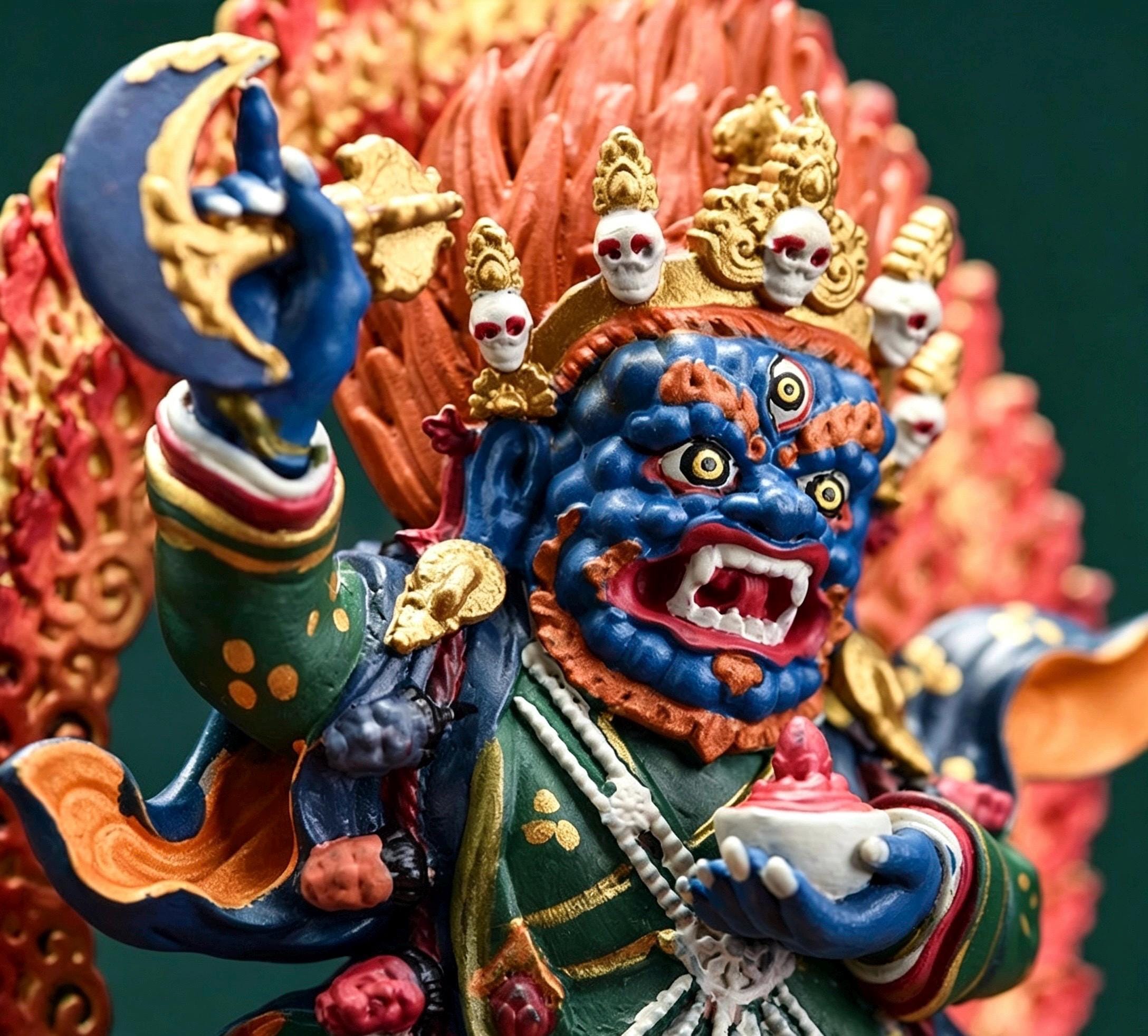 Painted Solid Copper Kagyu Mahakala Statue 11cm, Handcrafted Tibetan Buddhist Guardian Deity, Portable Vajrayana Altar Decor Gift