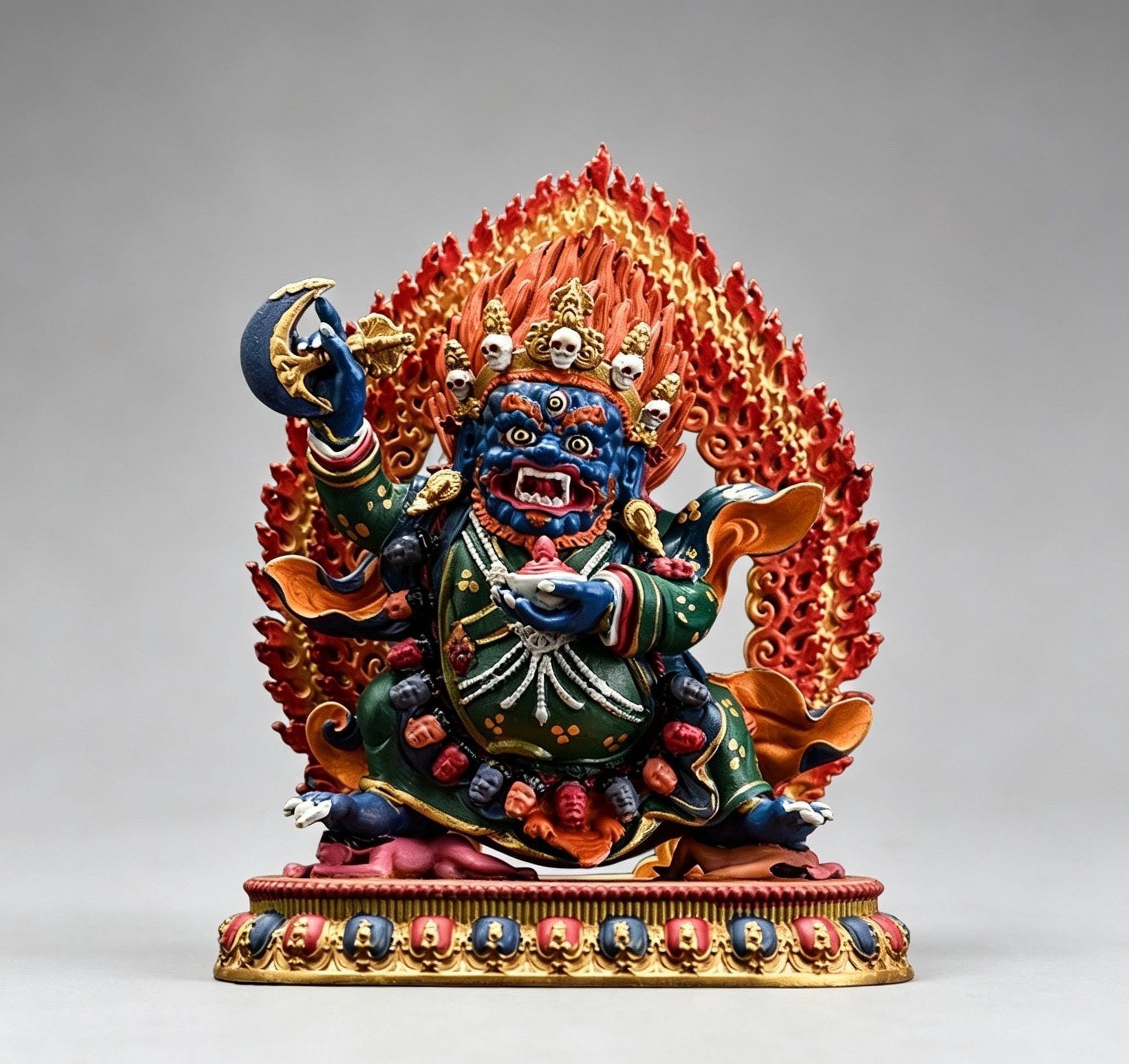 Painted Solid Copper Kagyu Mahakala Statue 11cm, Handcrafted Tibetan Buddhist Guardian Deity, Portable Vajrayana Altar Decor Gift