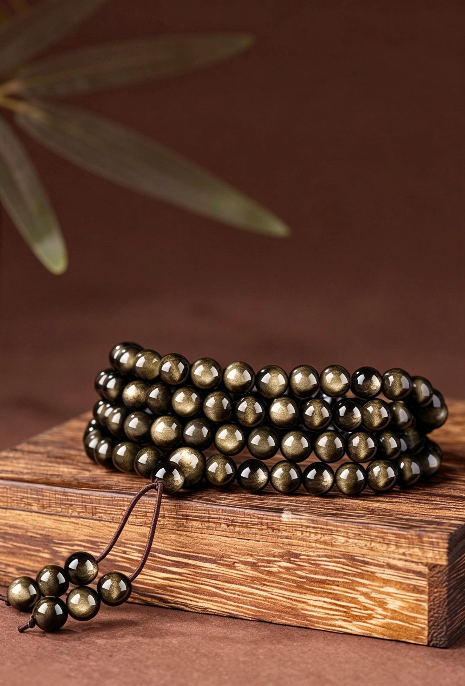 Natural Obsidian 108 Mala Beads Necklace, Gold Sheen Ice Black Obsidian Prayer Rosary Bracelet, Couples Meditation Gift 6mm 8mm 10mm