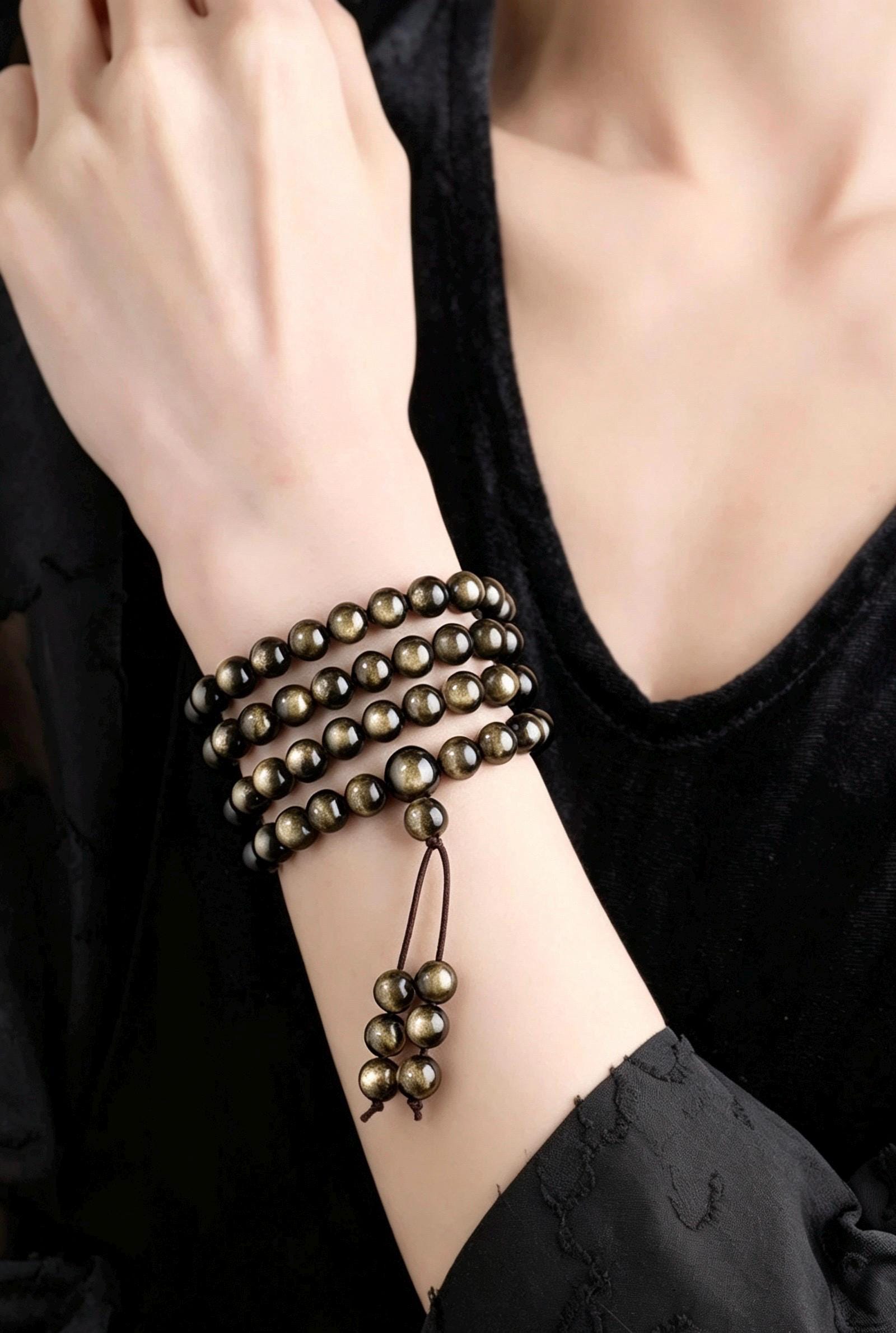 Natural Obsidian 108 Mala Beads Necklace, Gold Sheen Ice Black Obsidian Prayer Rosary Bracelet, Couples Meditation Gift 6mm 8mm 10mm