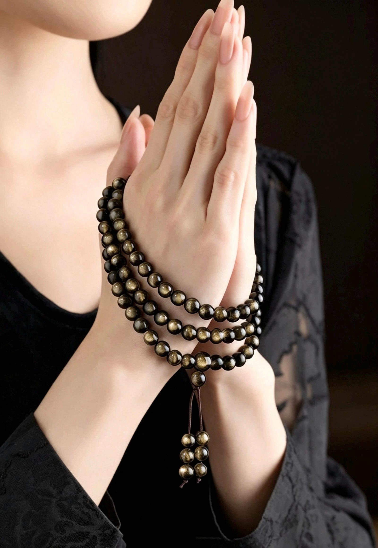 Natural Obsidian 108 Mala Beads Necklace, Gold Sheen Ice Black Obsidian Prayer Rosary Bracelet, Couples Meditation Gift 6mm 8mm 10mm