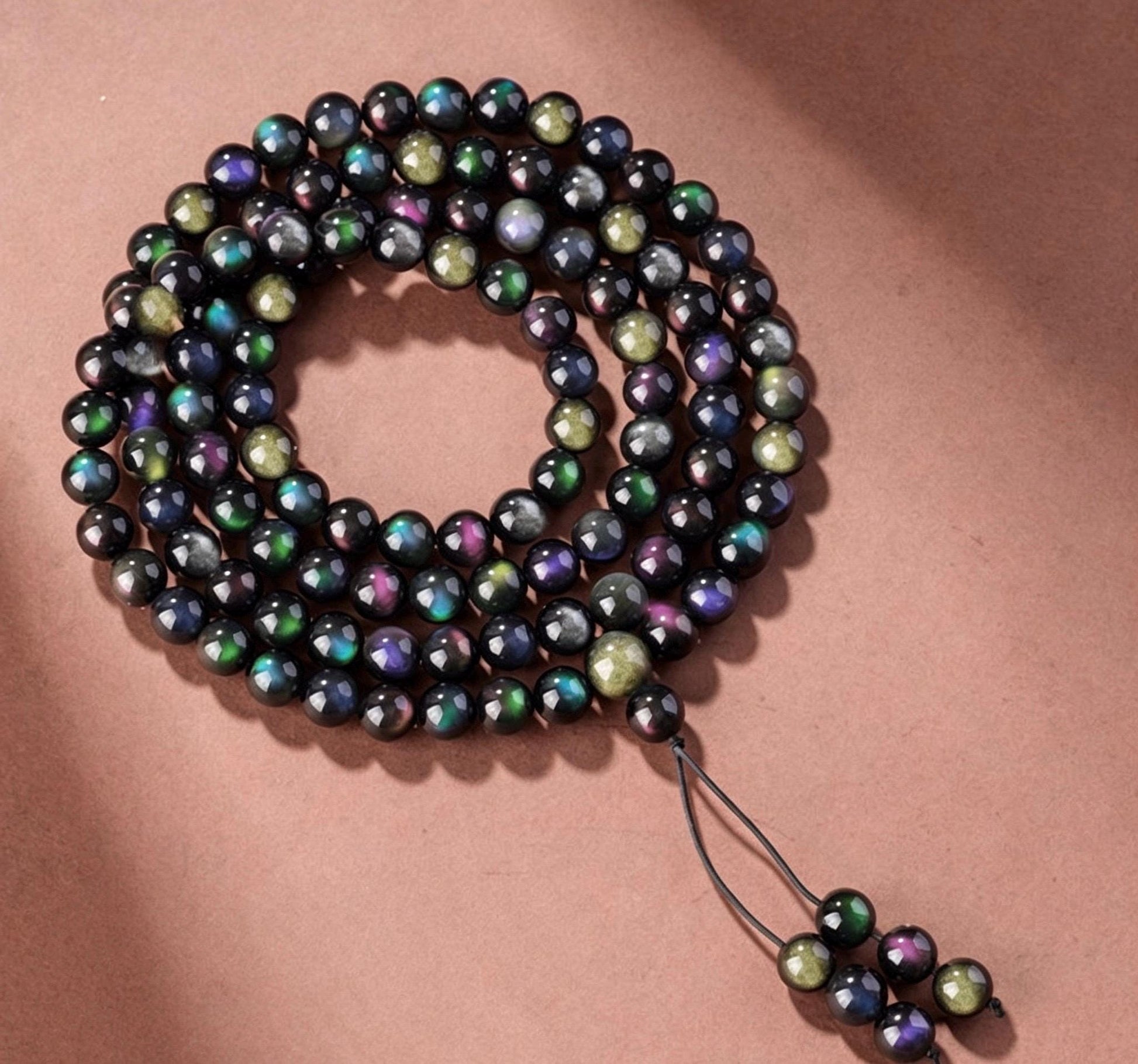 Natural Obsidian 108 Mala Beads Necklace, Gold Sheen Ice Black Obsidian Prayer Rosary Bracelet, Couples Meditation Gift 6mm 8mm 10mm