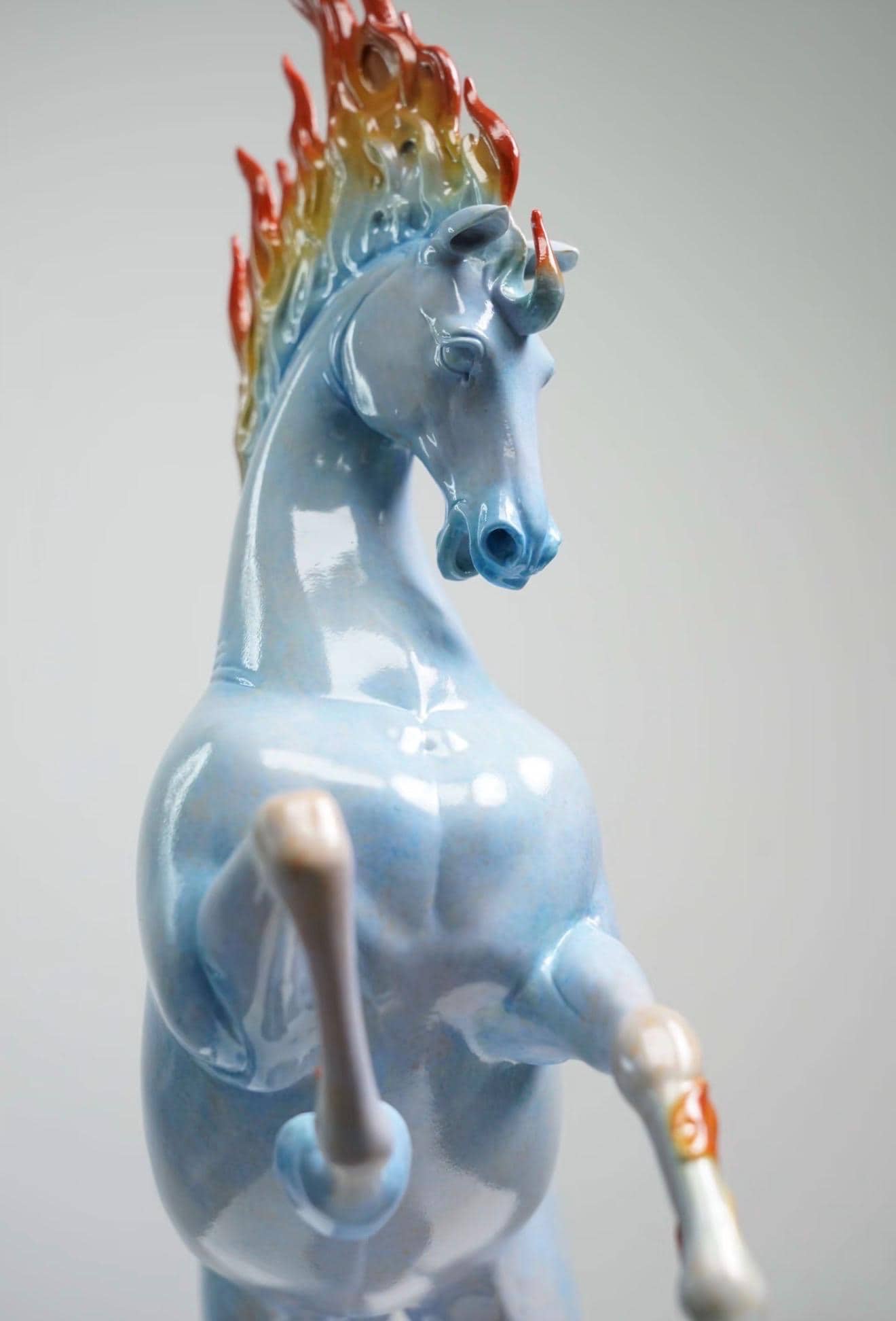 Blazing Flame Mane Horse Statue, Ceramic Rearing Horse Sculpture, Feng Shui Horse Decor, Symbol of Strength & Success, 17.7 in