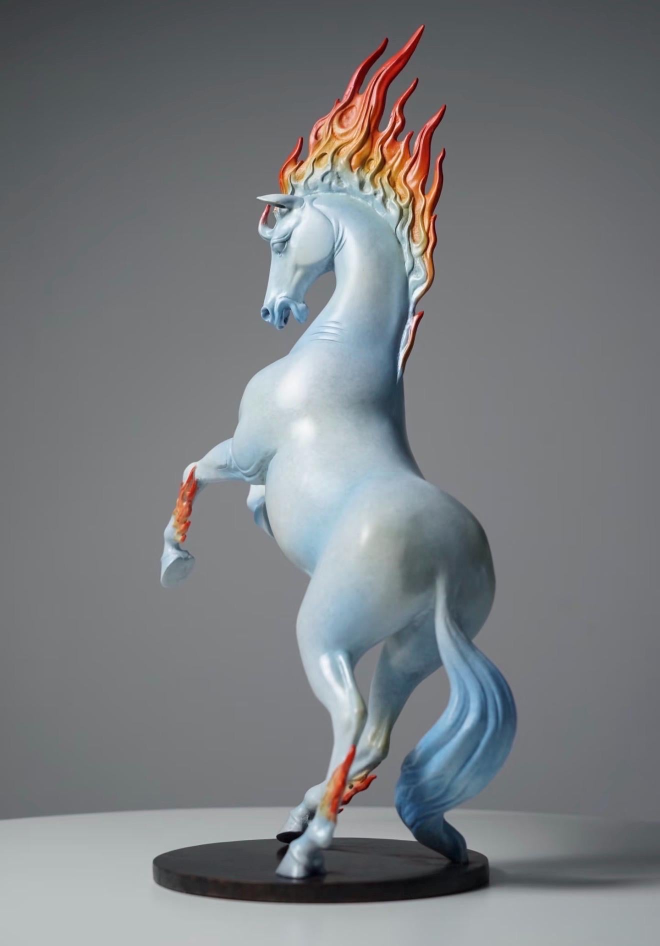 Blazing Flame Mane Horse Statue, Ceramic Rearing Horse Sculpture, Feng Shui Horse Decor, Symbol of Strength & Success, 17.7 in