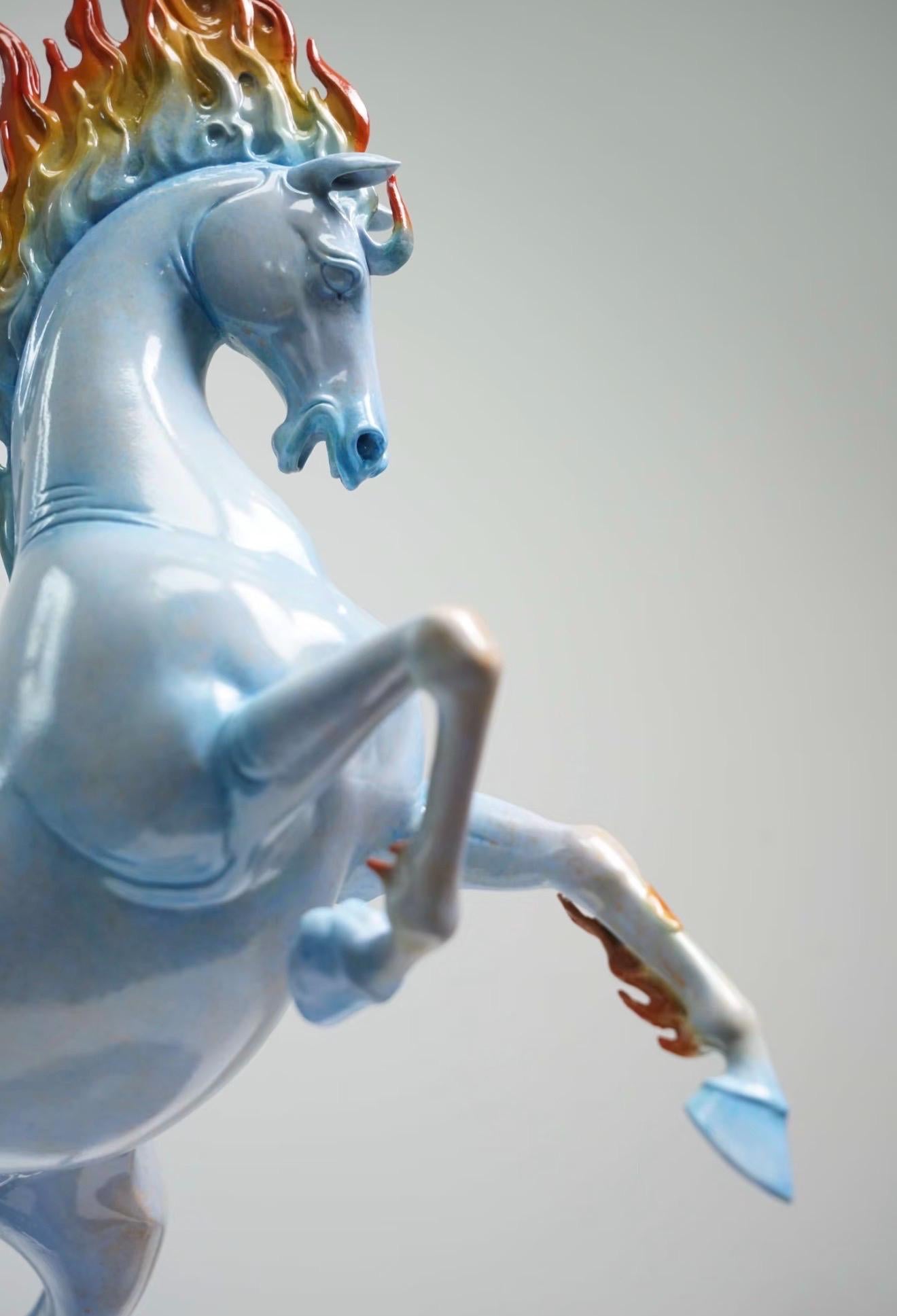 Blazing Flame Mane Horse Statue, Ceramic Rearing Horse Sculpture, Feng Shui Horse Decor, Symbol of Strength & Success, 17.7 in