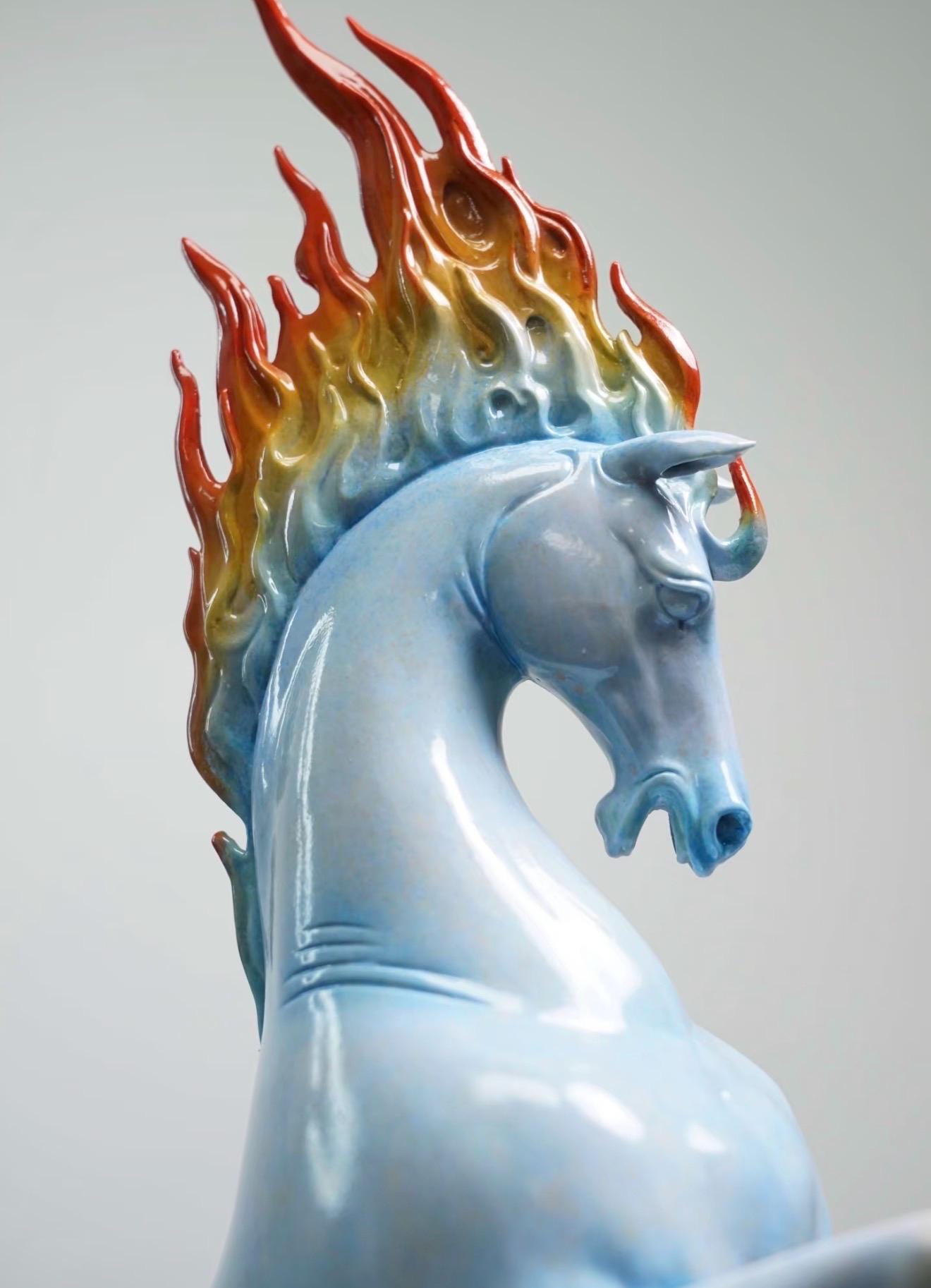 Blazing Flame Mane Horse Statue, Ceramic Rearing Horse Sculpture, Feng Shui Horse Decor, Symbol of Strength & Success, 17.7 in