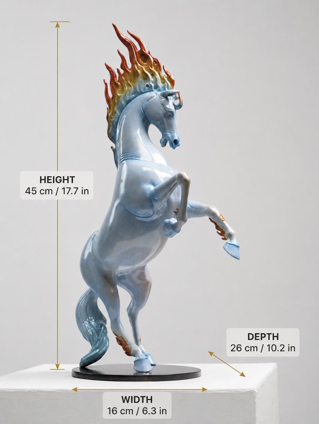 Blazing Flame Mane Horse Statue, Ceramic Rearing Horse Sculpture, Feng Shui Horse Decor, Symbol of Strength & Success, 17.7 in
