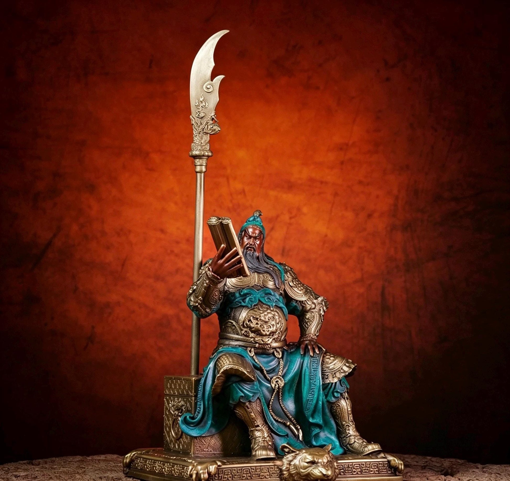 Brass Guan Yu Statue Reading Spring and Autumn Annals, Chinese Wealth God Guan Gong Figurine, Feng Shui Desk Decor Business Gift