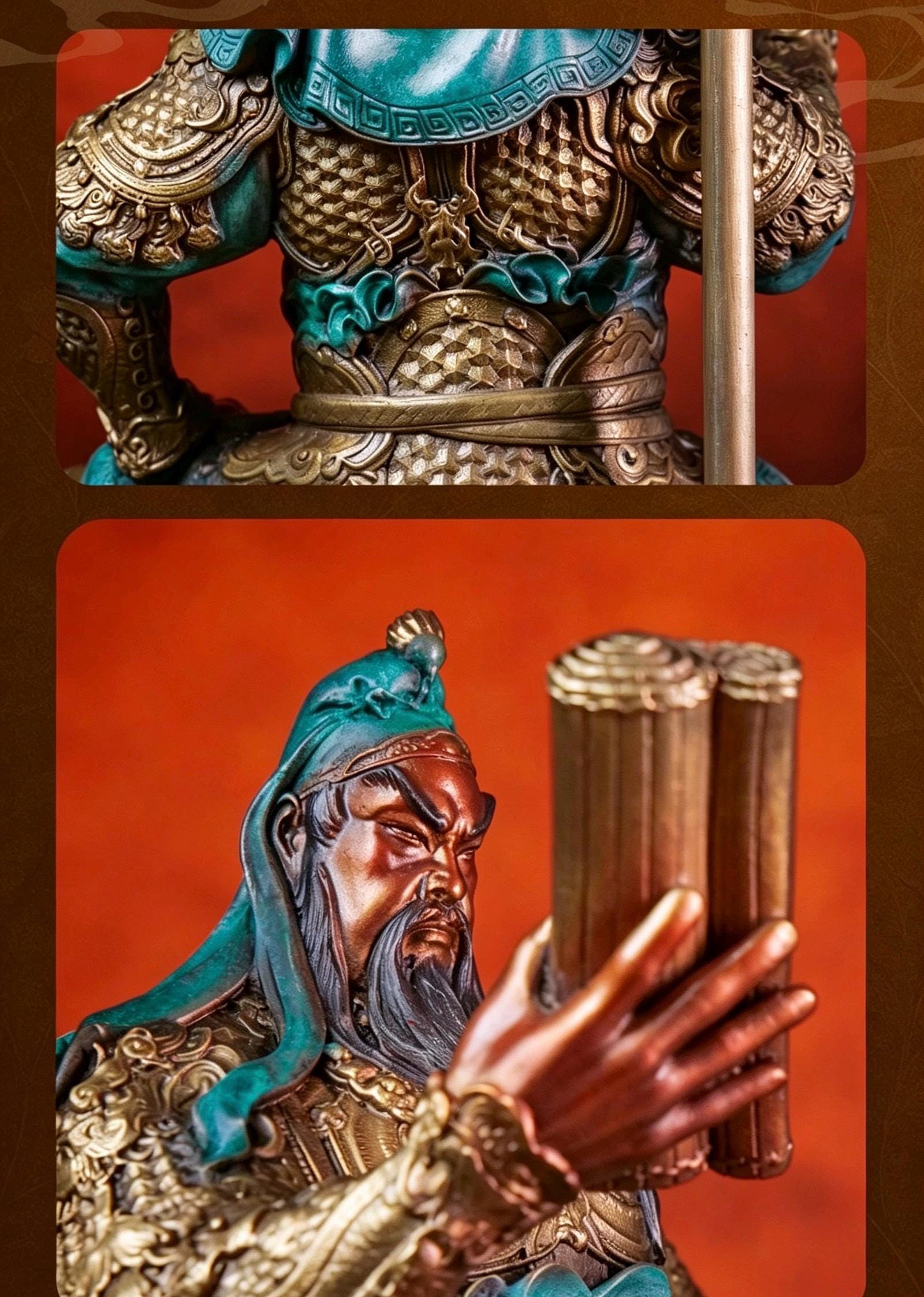 Brass Guan Yu Statue Reading Spring and Autumn Annals, Chinese Wealth God Guan Gong Figurine, Feng Shui Desk Decor Business Gift