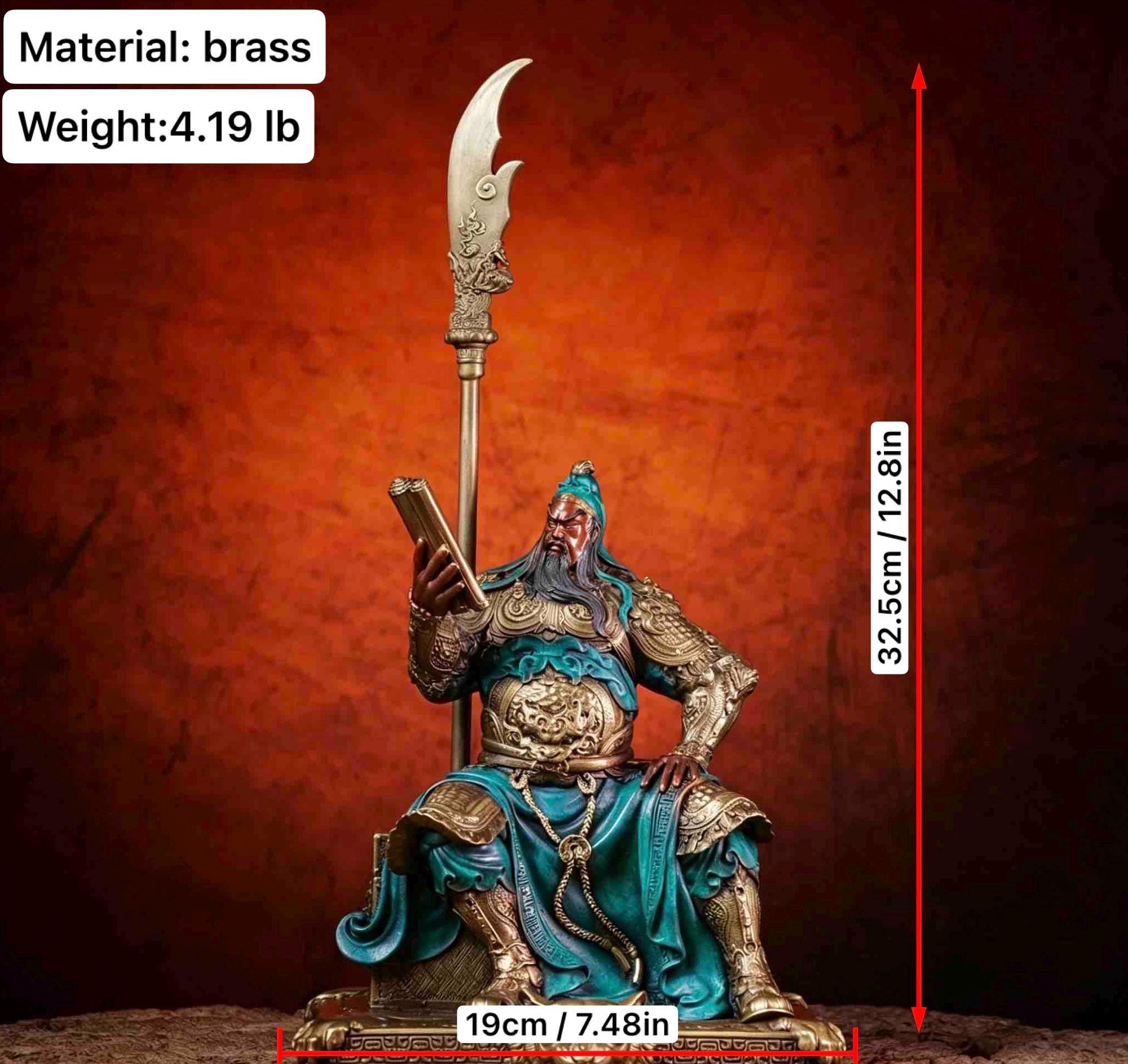 Brass Guan Yu Statue Reading Spring and Autumn Annals, Chinese Wealth God Guan Gong Figurine, Feng Shui Desk Decor Business Gift