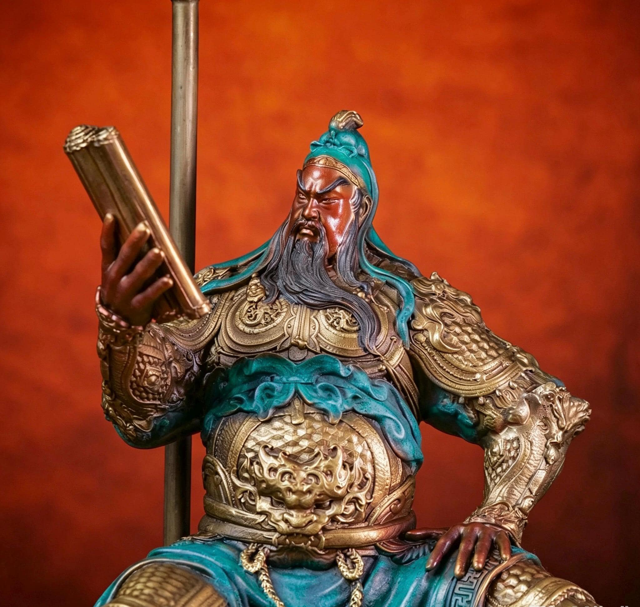 Brass Guan Yu Statue Reading Spring and Autumn Annals, Chinese Wealth God Guan Gong Figurine, Feng Shui Desk Decor Business Gift