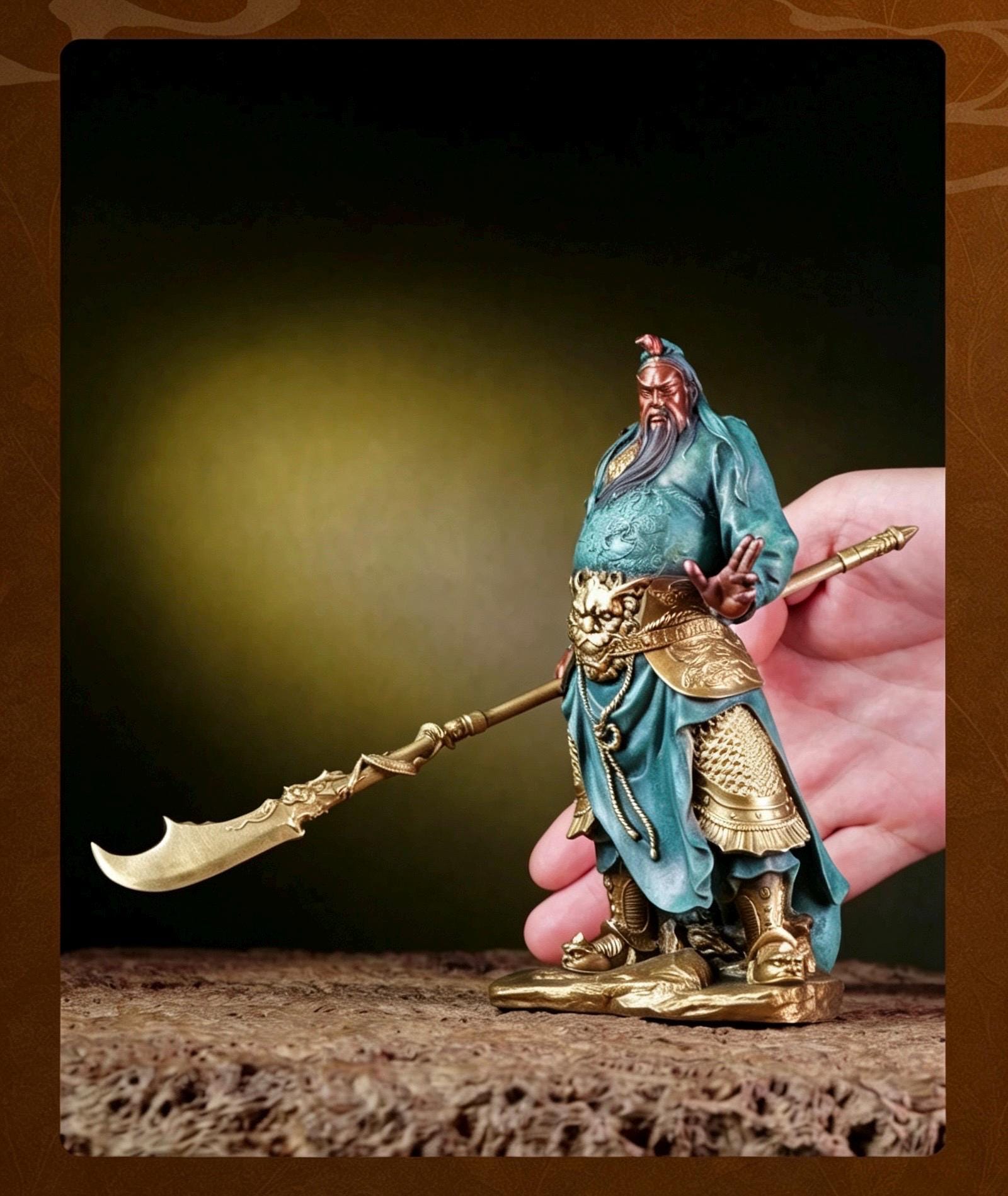 Brass Guan Yu Statue Holding Guandao, Chinese Wealth God Guan Gong Figurine, Small Feng Shui Desk Decor Business Opening Gift