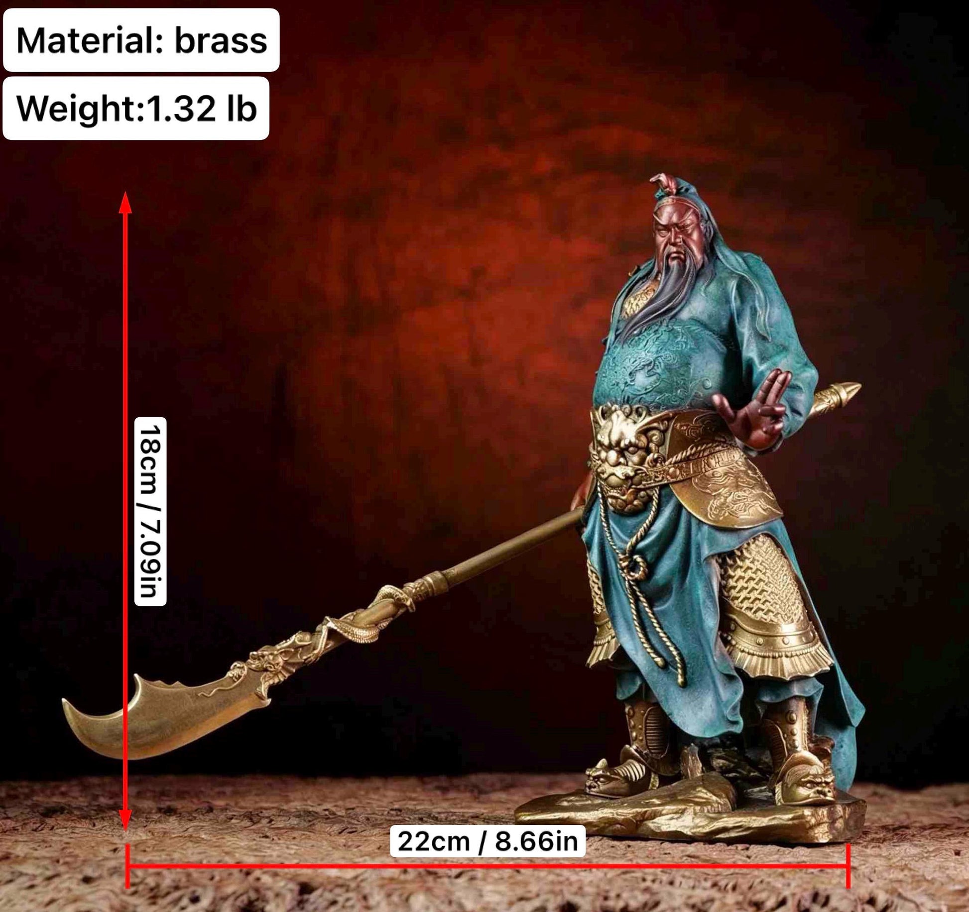 Brass Guan Yu Statue Holding Guandao, Chinese Wealth God Guan Gong Figurine, Small Feng Shui Desk Decor Business Opening Gift