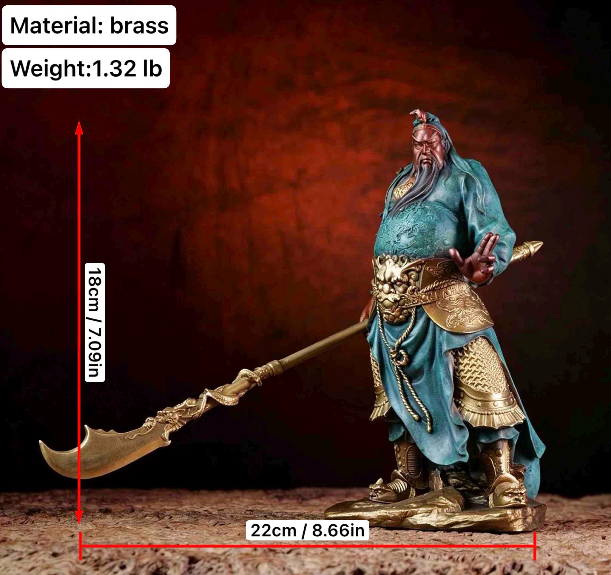 Brass Guan Yu Statue Holding Guandao, Chinese Wealth God Guan Gong Figurine, Small Feng Shui Desk Decor Business Opening Gift