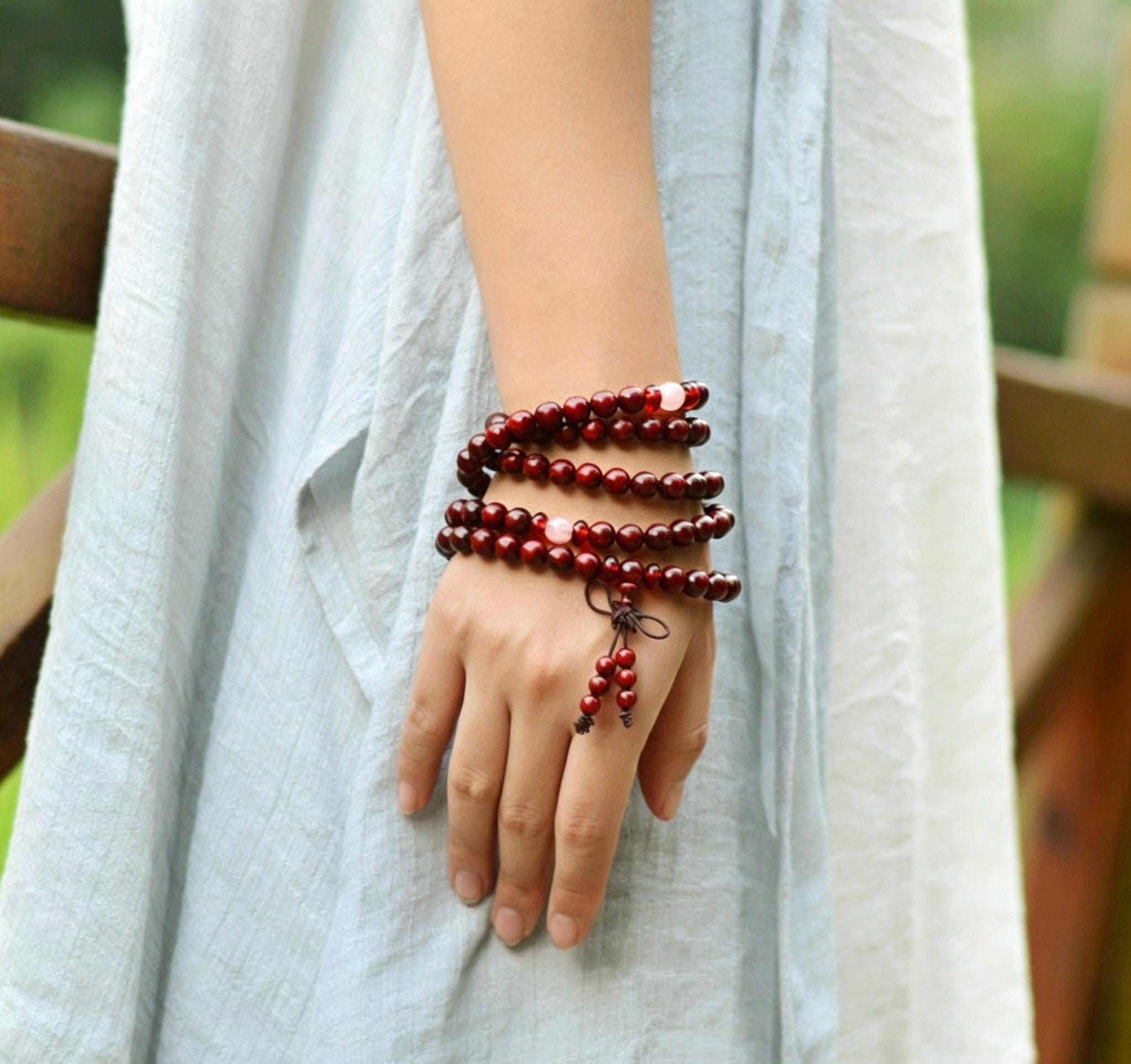 Natural Red Sandalwood 108 Mala Beads Necklace, Indian Lobular Rosewood Prayer Rosary Bracelet, Amber Jade Crystal Gift for Him Her