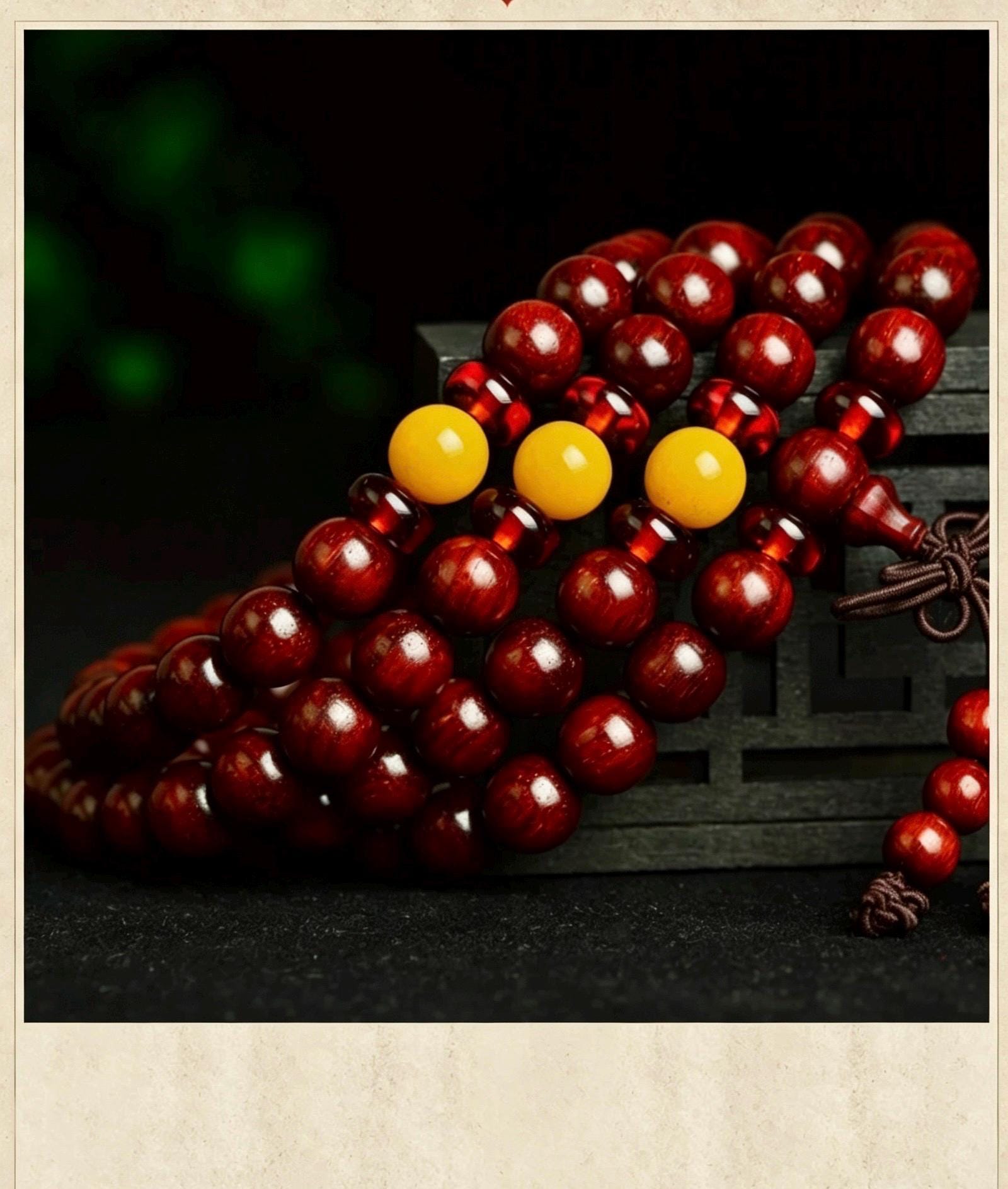 Natural Red Sandalwood 108 Mala Beads Necklace, Indian Lobular Rosewood Prayer Rosary Bracelet, Amber Jade Crystal Gift for Him Her