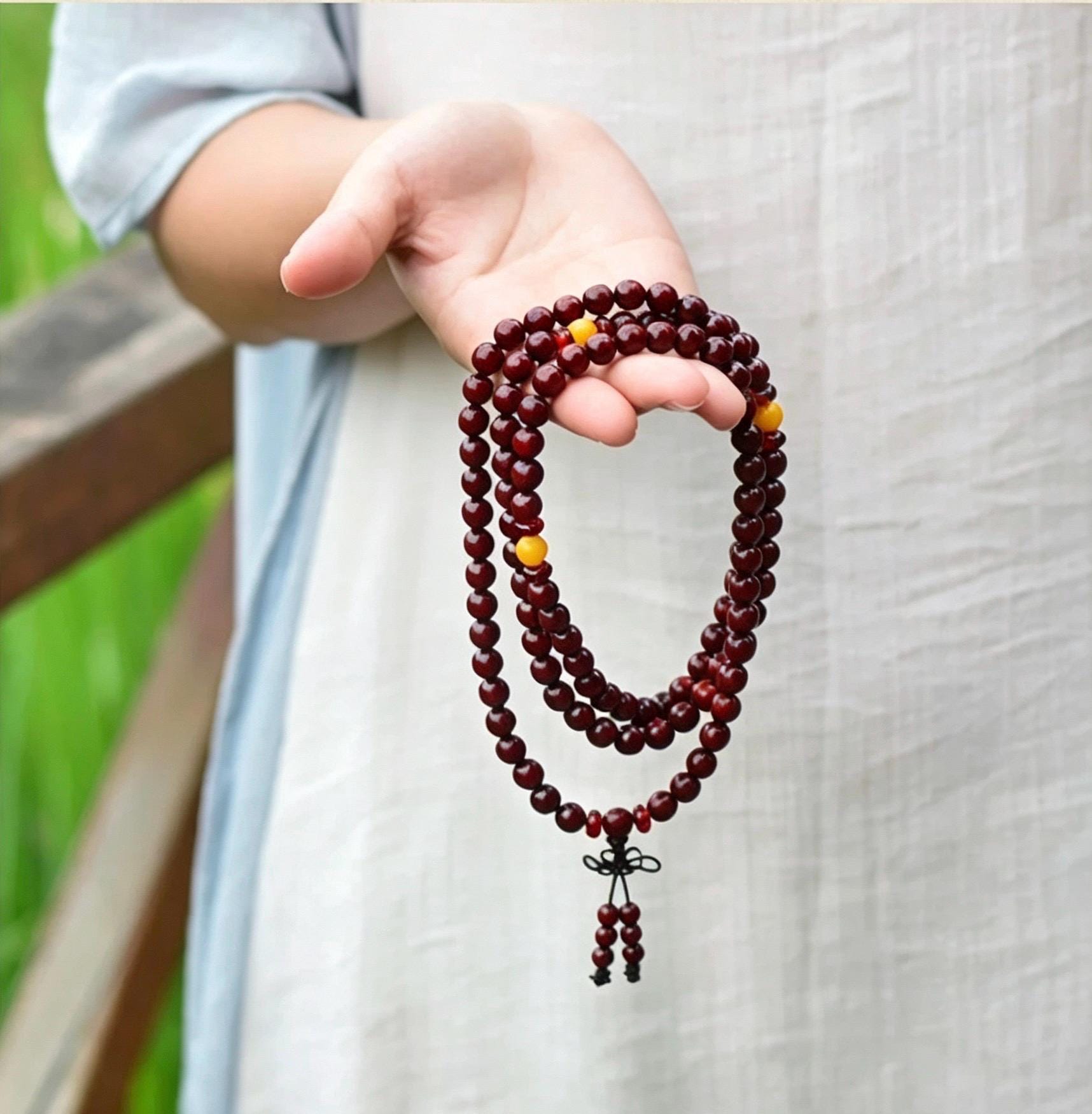 Natural Red Sandalwood 108 Mala Beads Necklace, Indian Lobular Rosewood Prayer Rosary Bracelet, Amber Jade Crystal Gift for Him Her