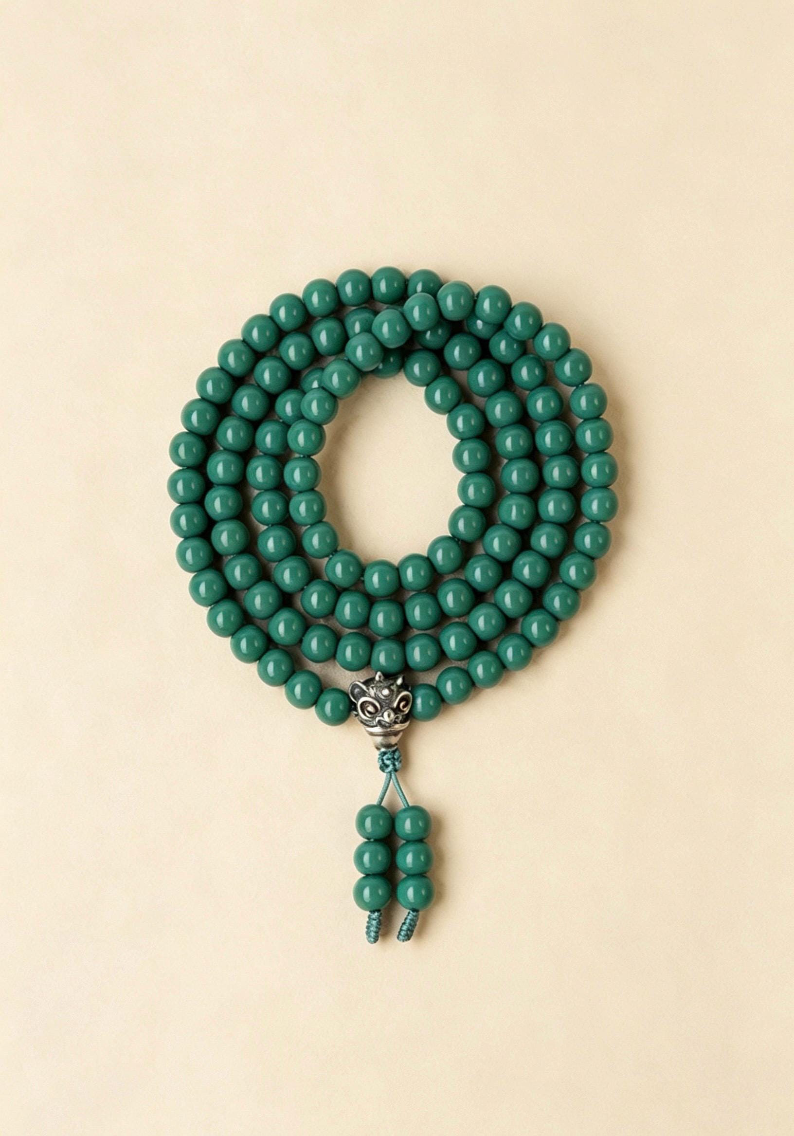 Turquoise Glass 108 Mala Beads 8mm, Silver Brass Lion Guru Bead Tibetan Prayer Rosary, Buddhist Meditation Necklace, Gift for Him Her