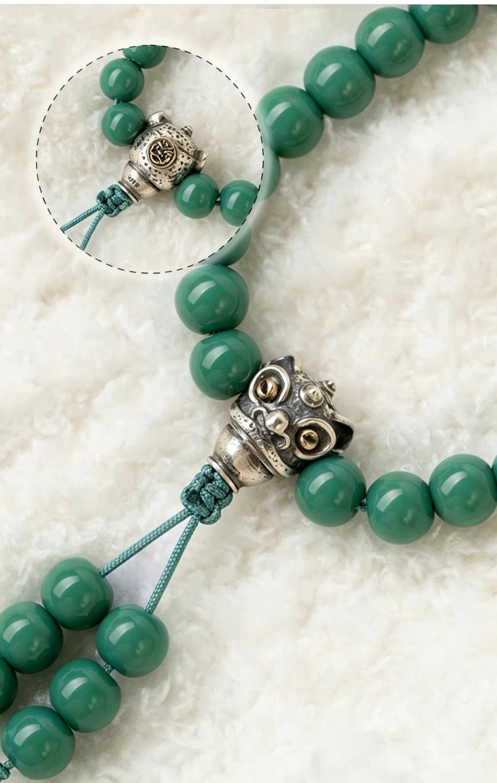 Turquoise Glass 108 Mala Beads 8mm, Silver Brass Lion Guru Bead Tibetan Prayer Rosary, Buddhist Meditation Necklace, Gift for Him Her