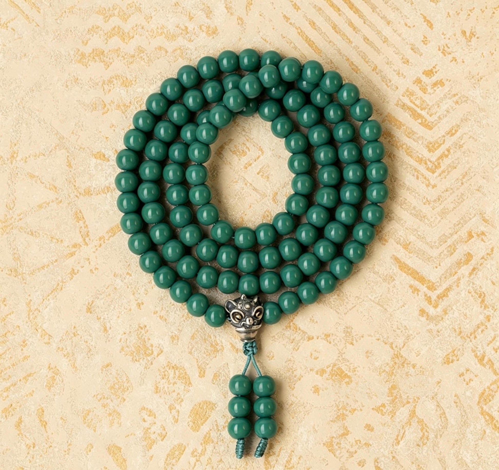 Turquoise Glass 108 Mala Beads 8mm, Silver Brass Lion Guru Bead Tibetan Prayer Rosary, Buddhist Meditation Necklace, Gift for Him Her