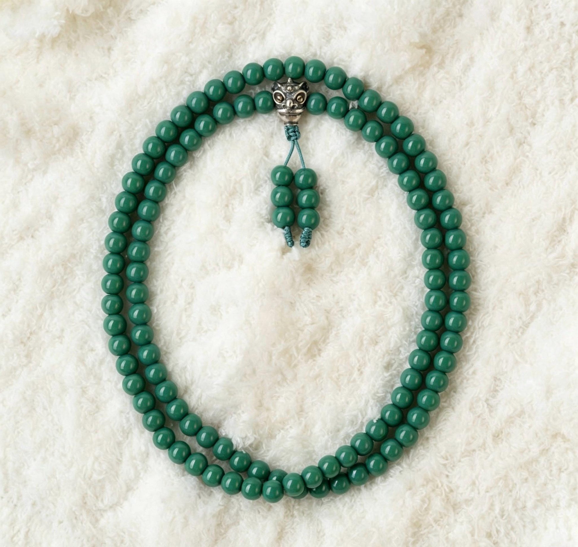 Turquoise Glass 108 Mala Beads 8mm, Silver Brass Lion Guru Bead Tibetan Prayer Rosary, Buddhist Meditation Necklace, Gift for Him Her