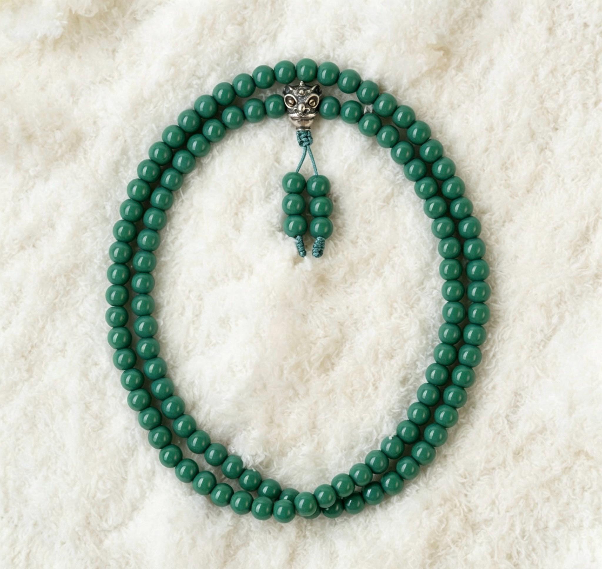 Turquoise Glass 108 Mala Beads 8mm, Silver Brass Lion Guru Bead Tibetan Prayer Rosary, Buddhist Meditation Necklace, Gift for Him Her