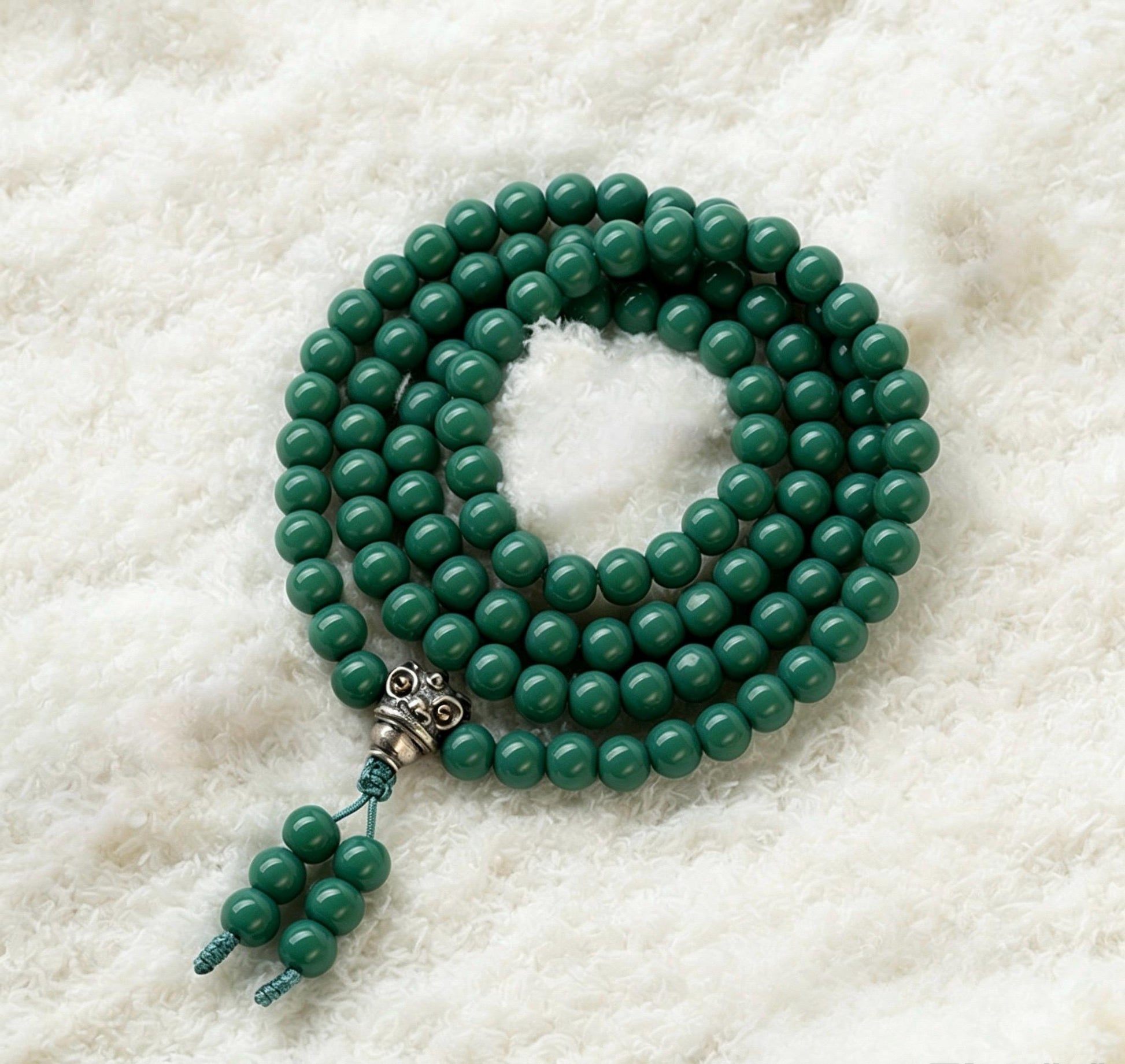 Turquoise Glass 108 Mala Beads 8mm, Silver Brass Lion Guru Bead Tibetan Prayer Rosary, Buddhist Meditation Necklace, Gift for Him Her