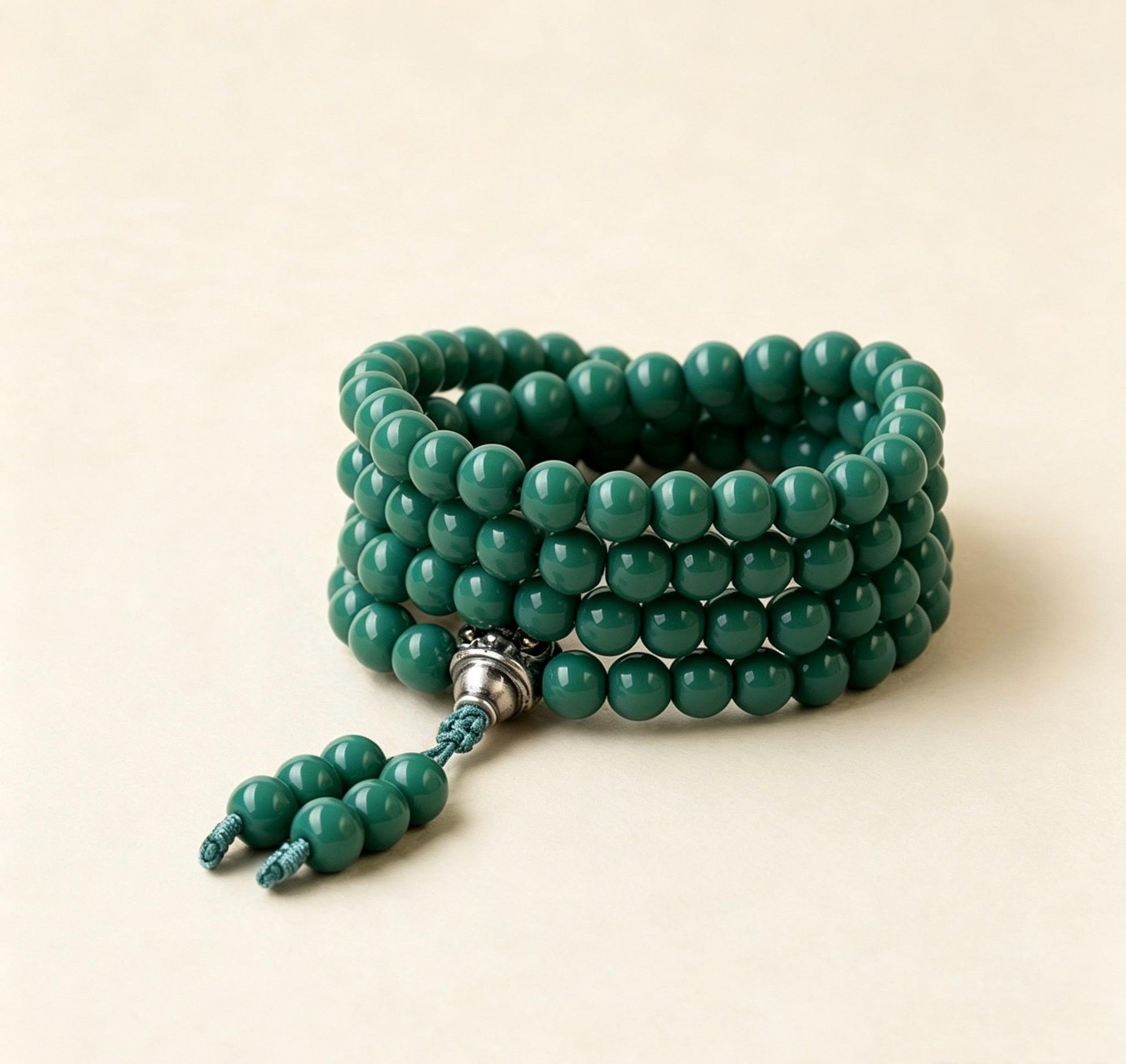 Turquoise Glass 108 Mala Beads 8mm, Silver Brass Lion Guru Bead Tibetan Prayer Rosary, Buddhist Meditation Necklace, Gift for Him Her