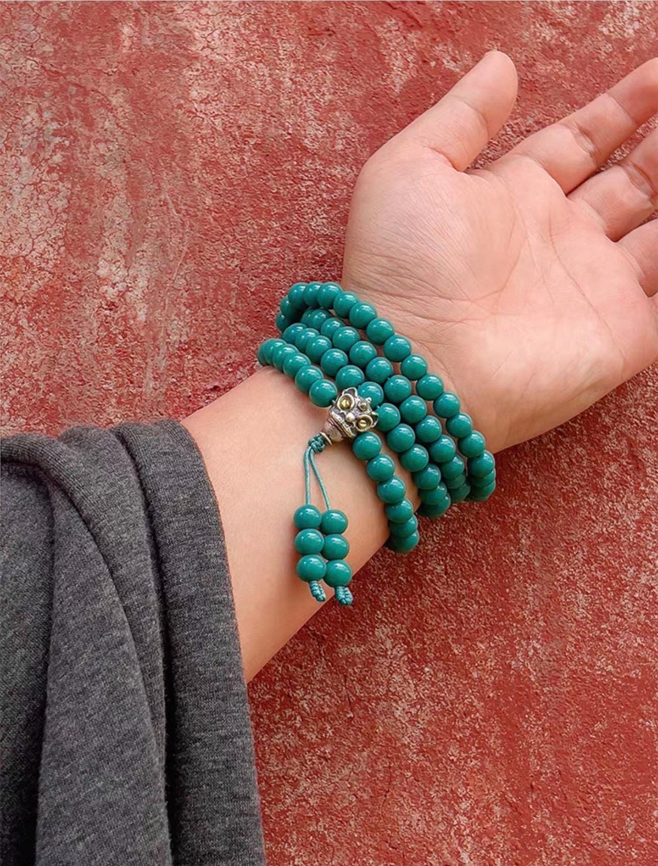 Turquoise Glass 108 Mala Beads 8mm, Silver Brass Lion Guru Bead Tibetan Prayer Rosary, Buddhist Meditation Necklace, Gift for Him Her