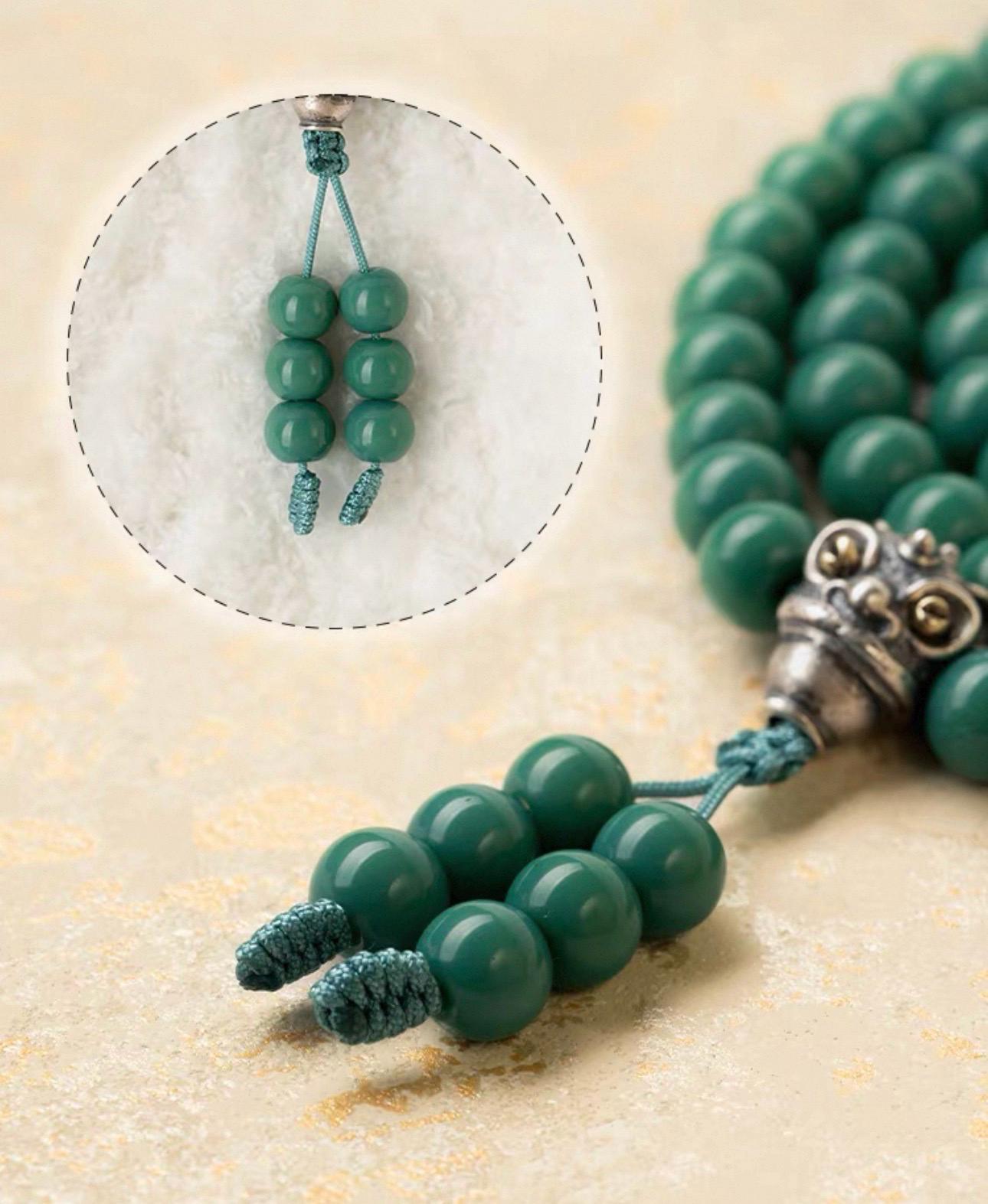Turquoise Glass 108 Mala Beads 8mm, Silver Brass Lion Guru Bead Tibetan Prayer Rosary, Buddhist Meditation Necklace, Gift for Him Her