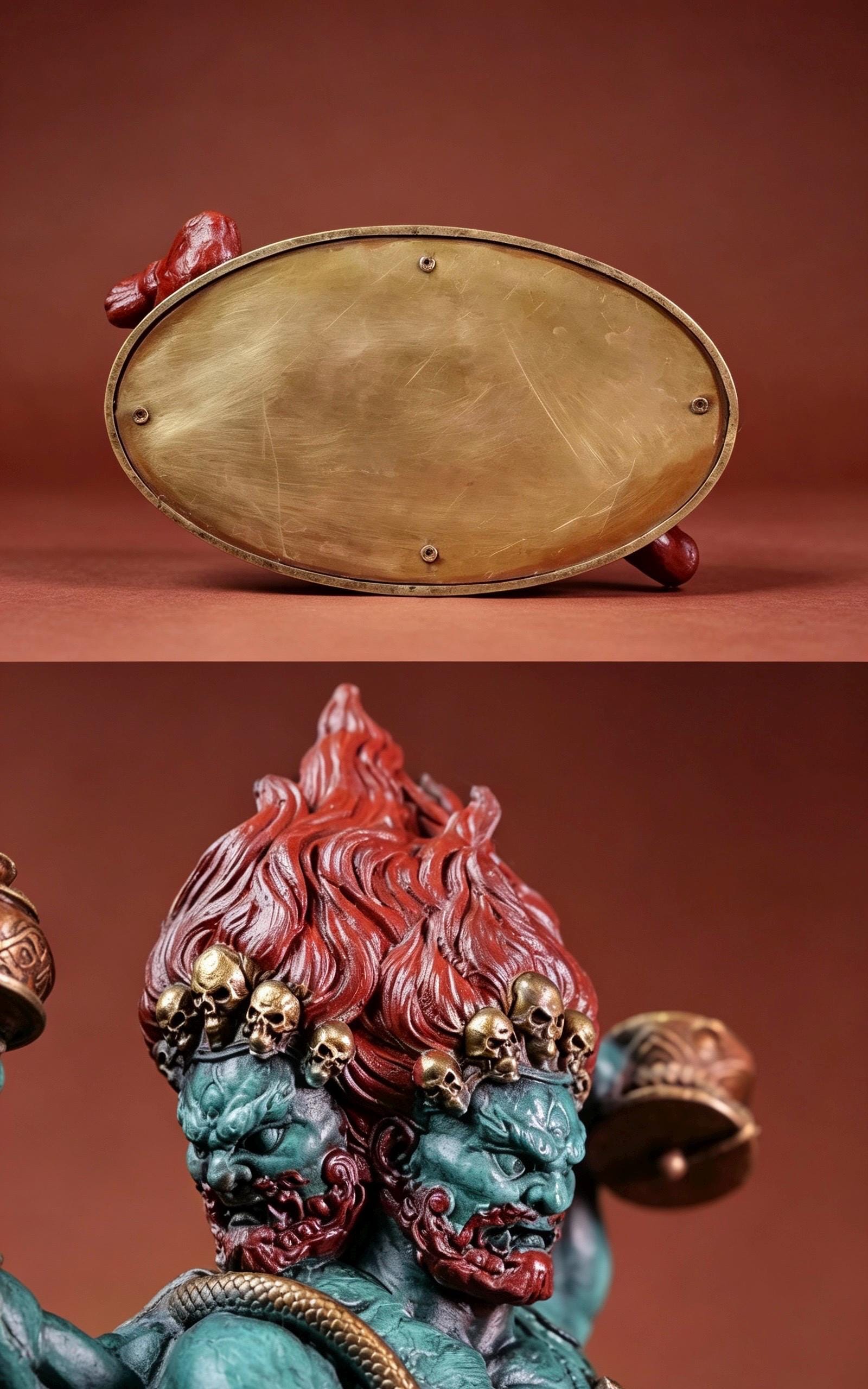 Brass Six Armed Mahakala Statue 25cm, Handcrafted Tibetan Buddhist Three Headed Wrathful Deity, Vajrayana Altar Decor Gift