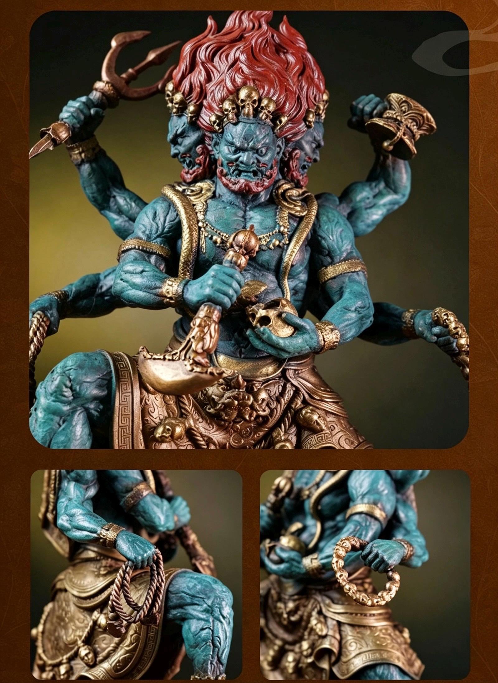 Brass Six Armed Mahakala Statue 25cm, Handcrafted Tibetan Buddhist Three Headed Wrathful Deity, Vajrayana Altar Decor Gift