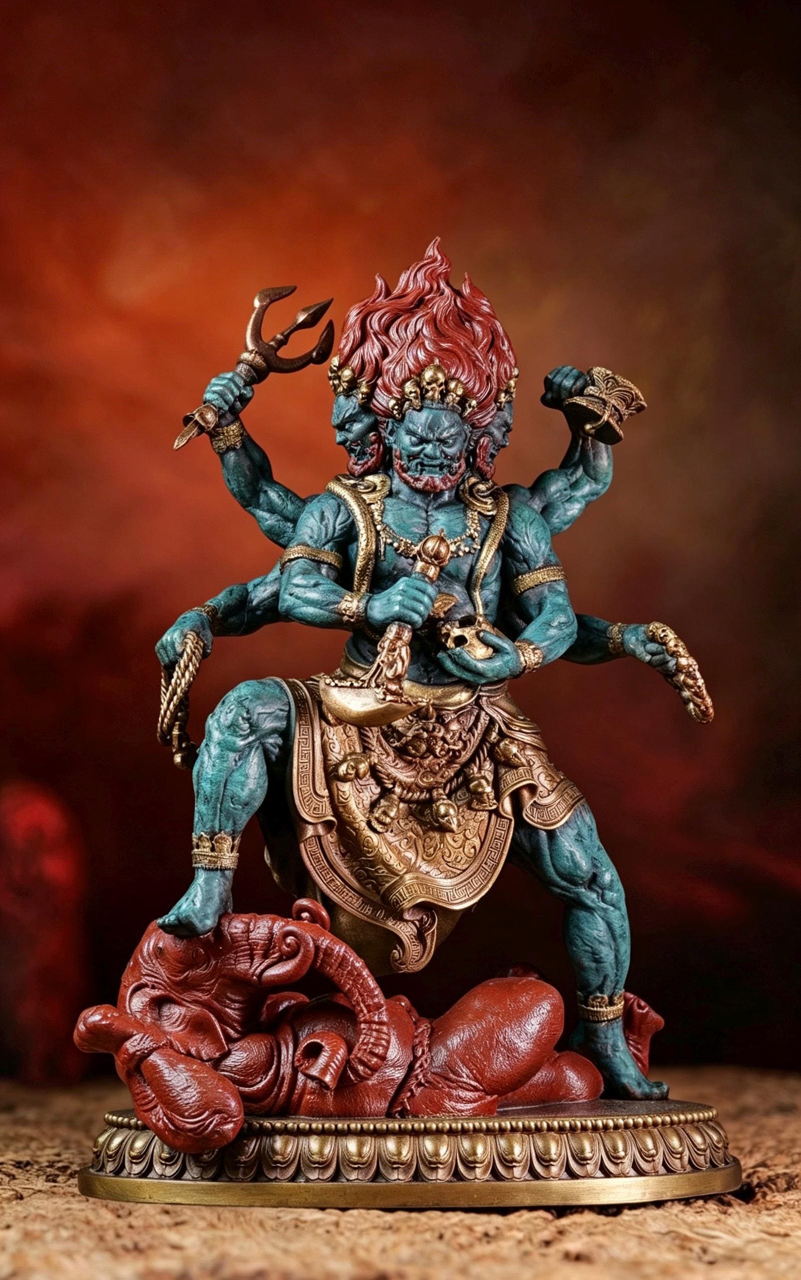 Brass Six Armed Mahakala Statue 25cm, Handcrafted Tibetan Buddhist Three Headed Wrathful Deity, Vajrayana Altar Decor Gift