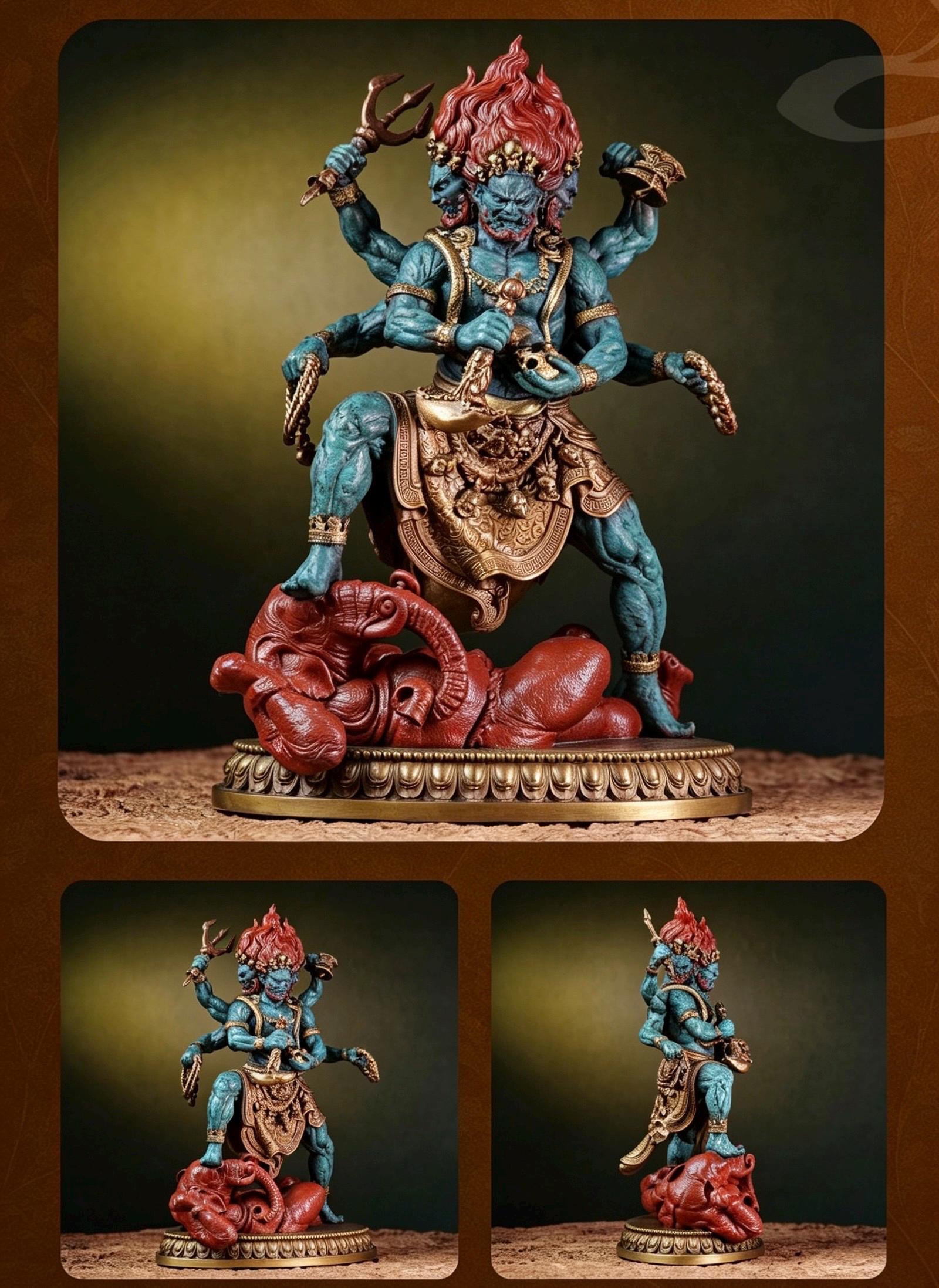 Brass Six Armed Mahakala Statue 25cm, Handcrafted Tibetan Buddhist Three Headed Wrathful Deity, Vajrayana Altar Decor Gift
